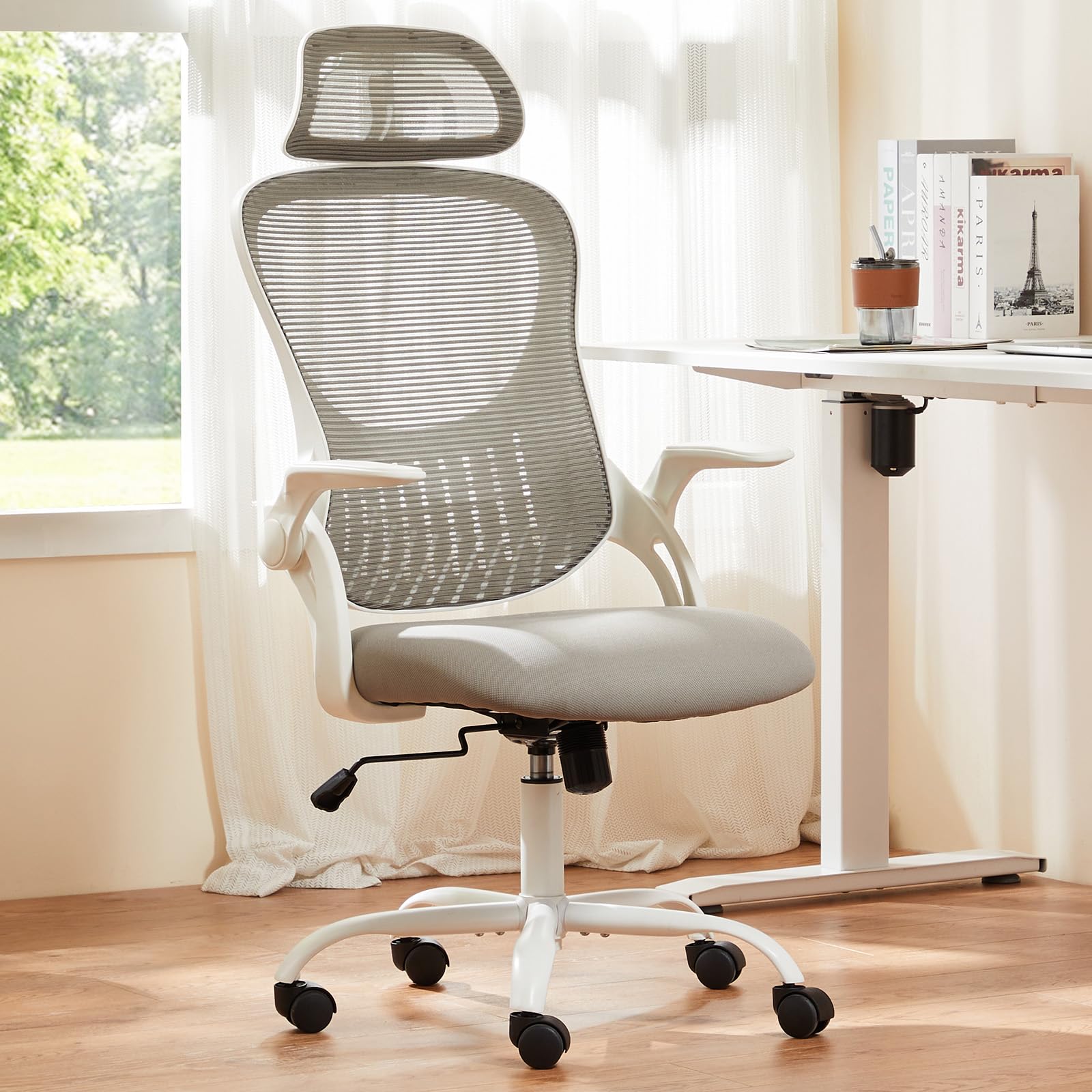 Ergonomic Office Chair, Comfy Desk Chair with Wheels, Adjustable Headrests, Flip-Up Armrests, Breathable Mesh High-Back,