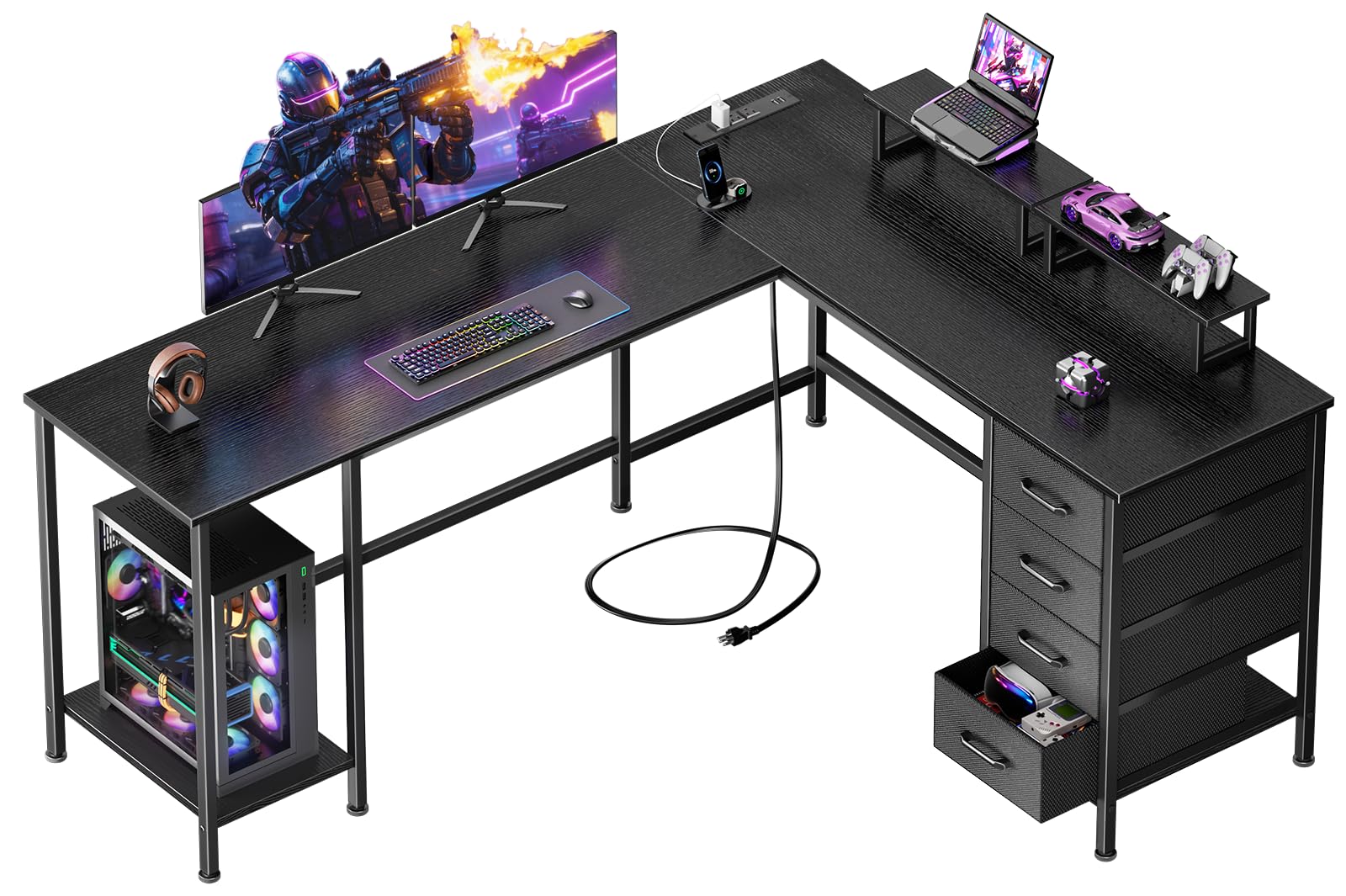 Korfile 59 inch L Shaped Computer Desk with Power Outlets, Home Office Desk with 4 Adjustable Storag