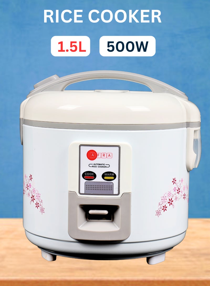 AFRA Rice Cooker | 1.5L Capacity | 500W | Automatic Keep Warm Function | Non-Stick Coating | Detachable Power Cord | Mea
