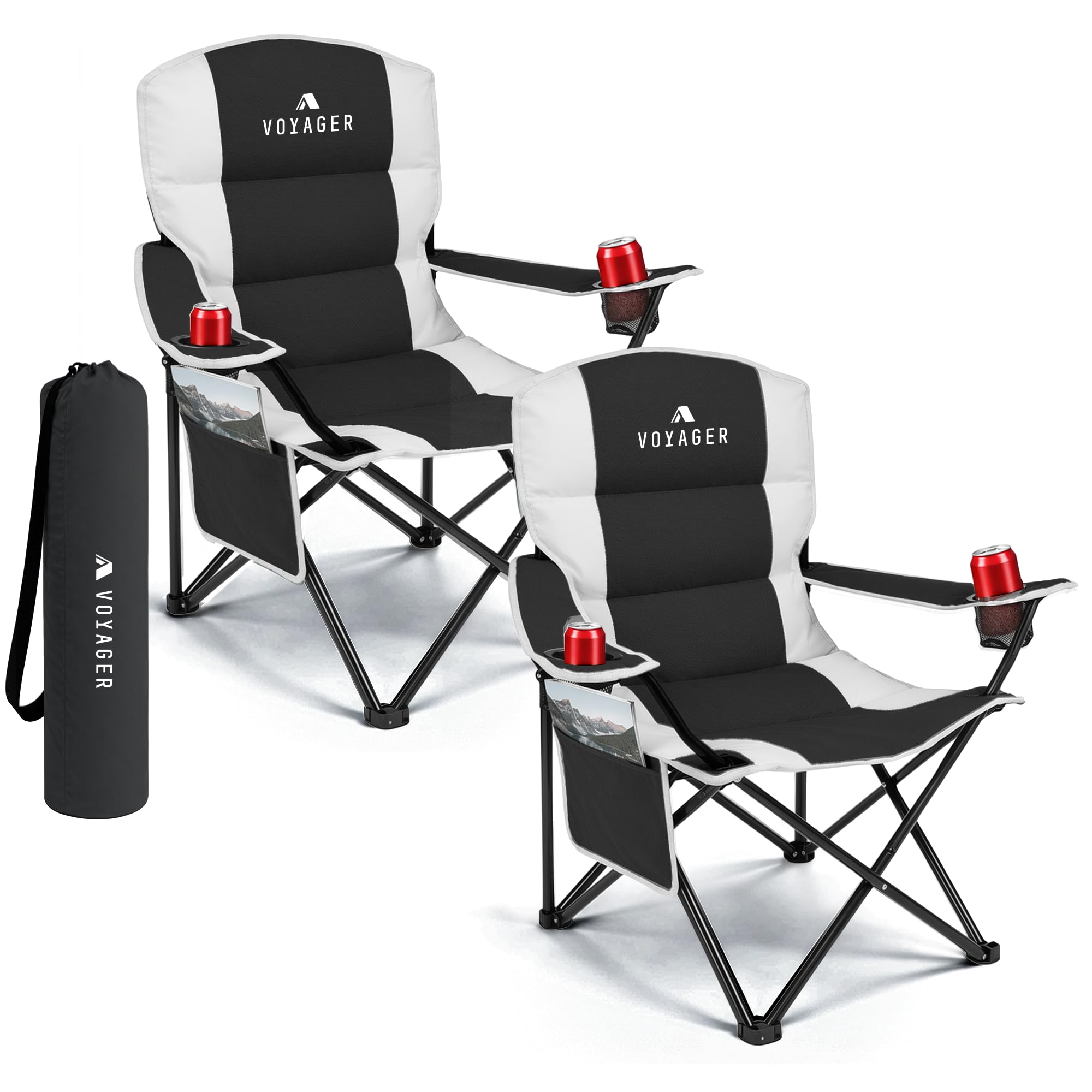 Voyager Folding Camping Chairs 2 Pack with Cooler Bag, Lightweight Q195 Steel Frame, 600D Oxford Fabric, Portable & Comf