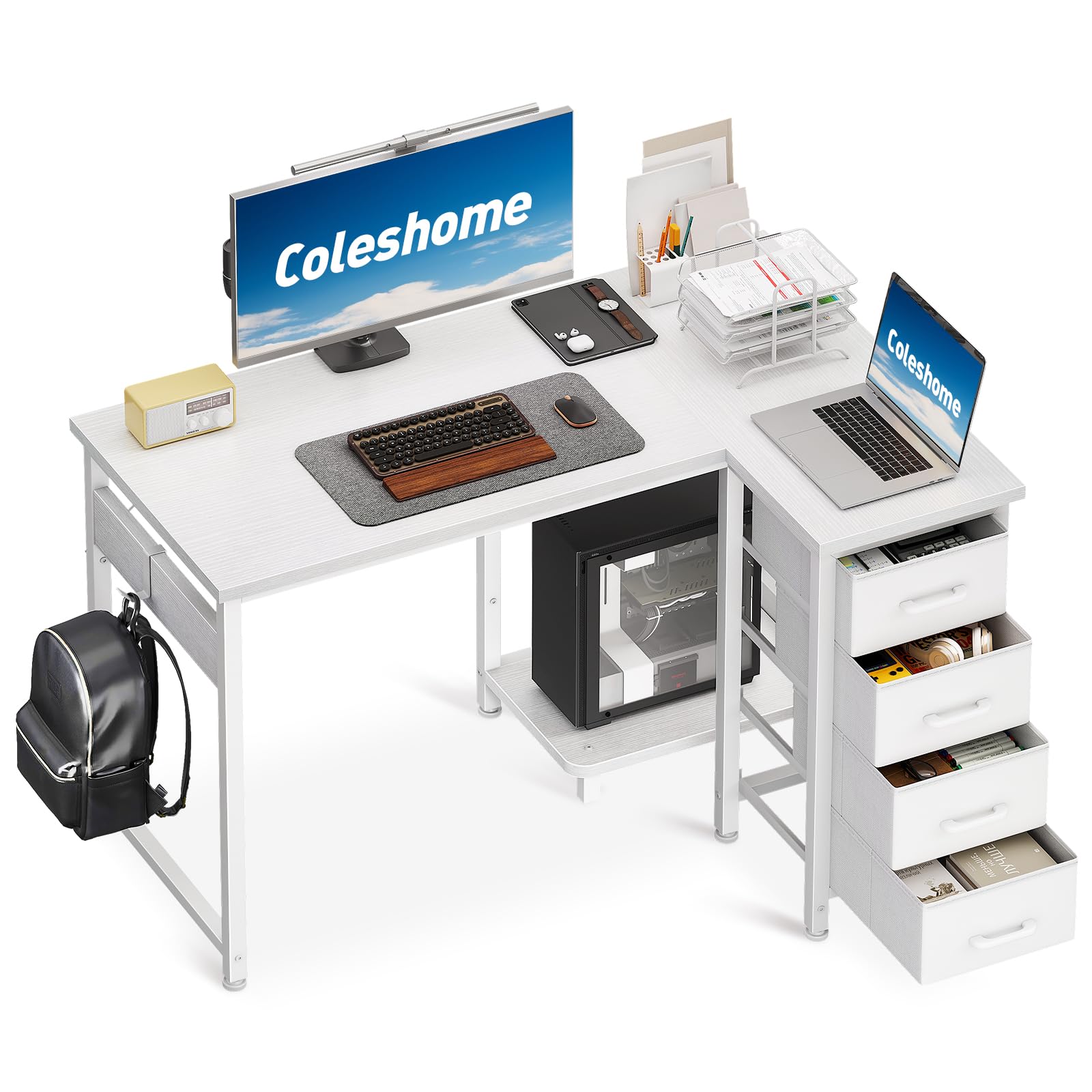 Coleshome Computer Desk with Drawers, 100x70 cm Corner Desk for Home Office, Reversible L Shaped Off