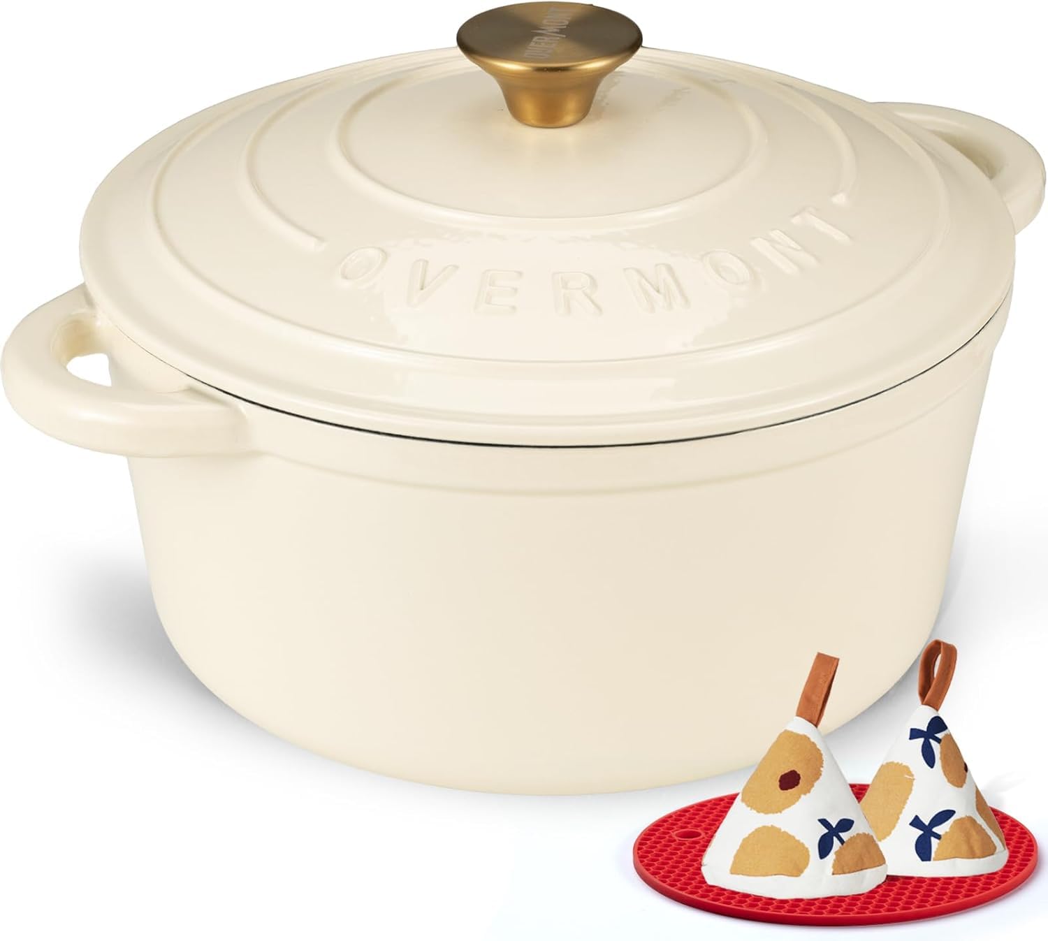 Overmont 24cm/4.2L Enamelled Cast Iron Round Casserole Pot With Lid Cookbook & Cotton Potholders - Non-stick Dutch Oven