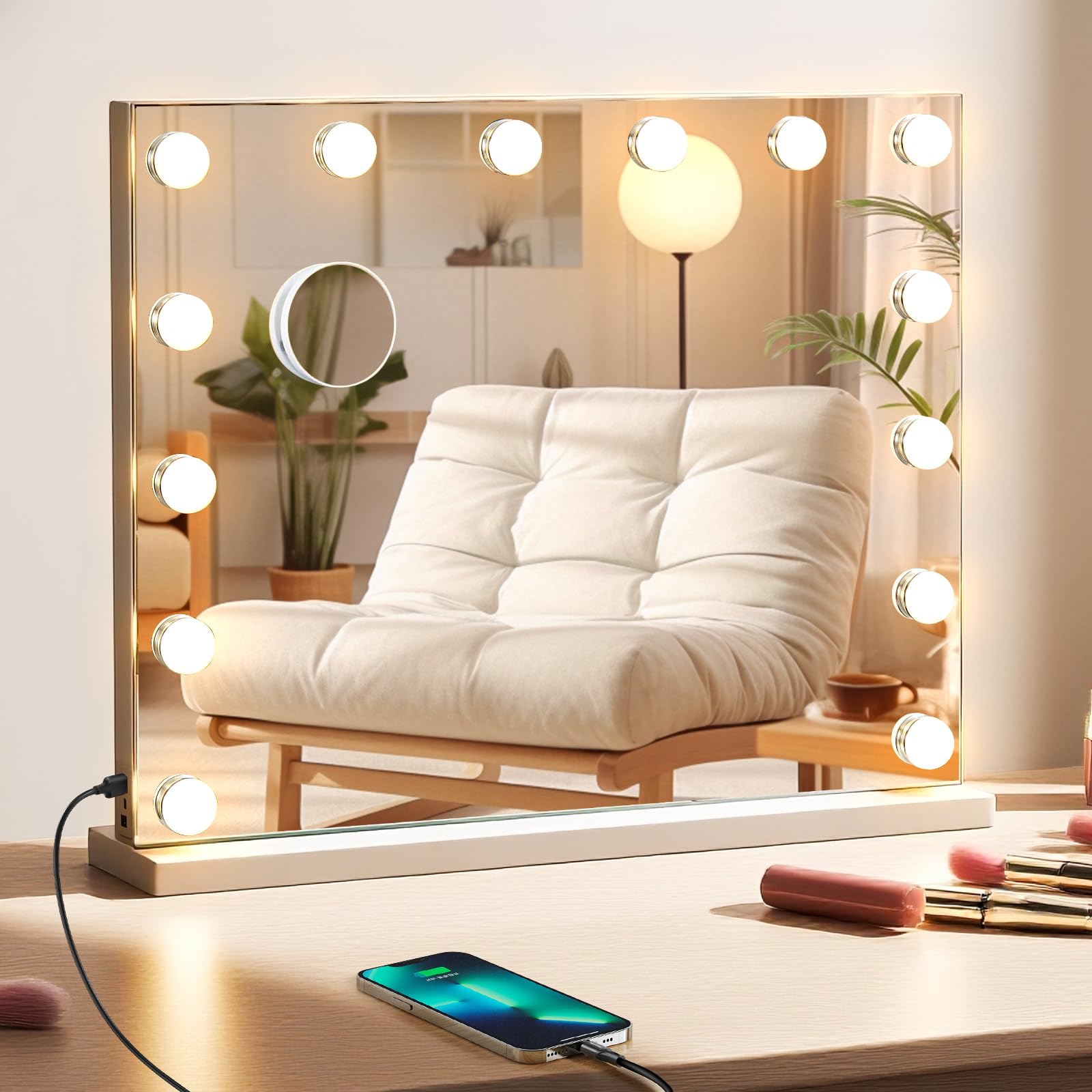 Hollywood Vanity Mirror with Lights, 50×42cm Lighted Makeup Mirror for Tabletop/Wall Mounted with 14 Led Dimmable Bulbs,
