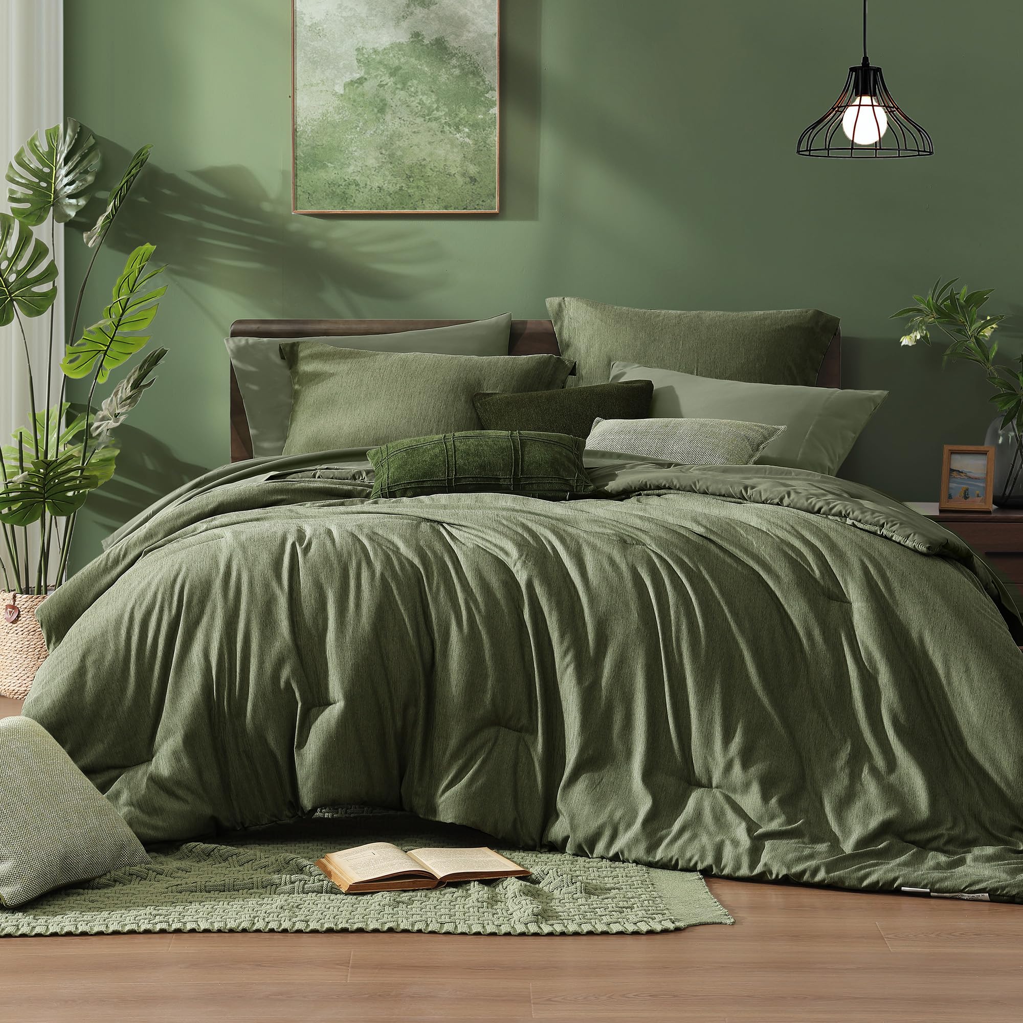 Monbix Queen Comforter Set - 7 Pieces Cationic Dyeing Olive Green Bed in a Bag Queen Bedding Sets with Comforter, Sheets