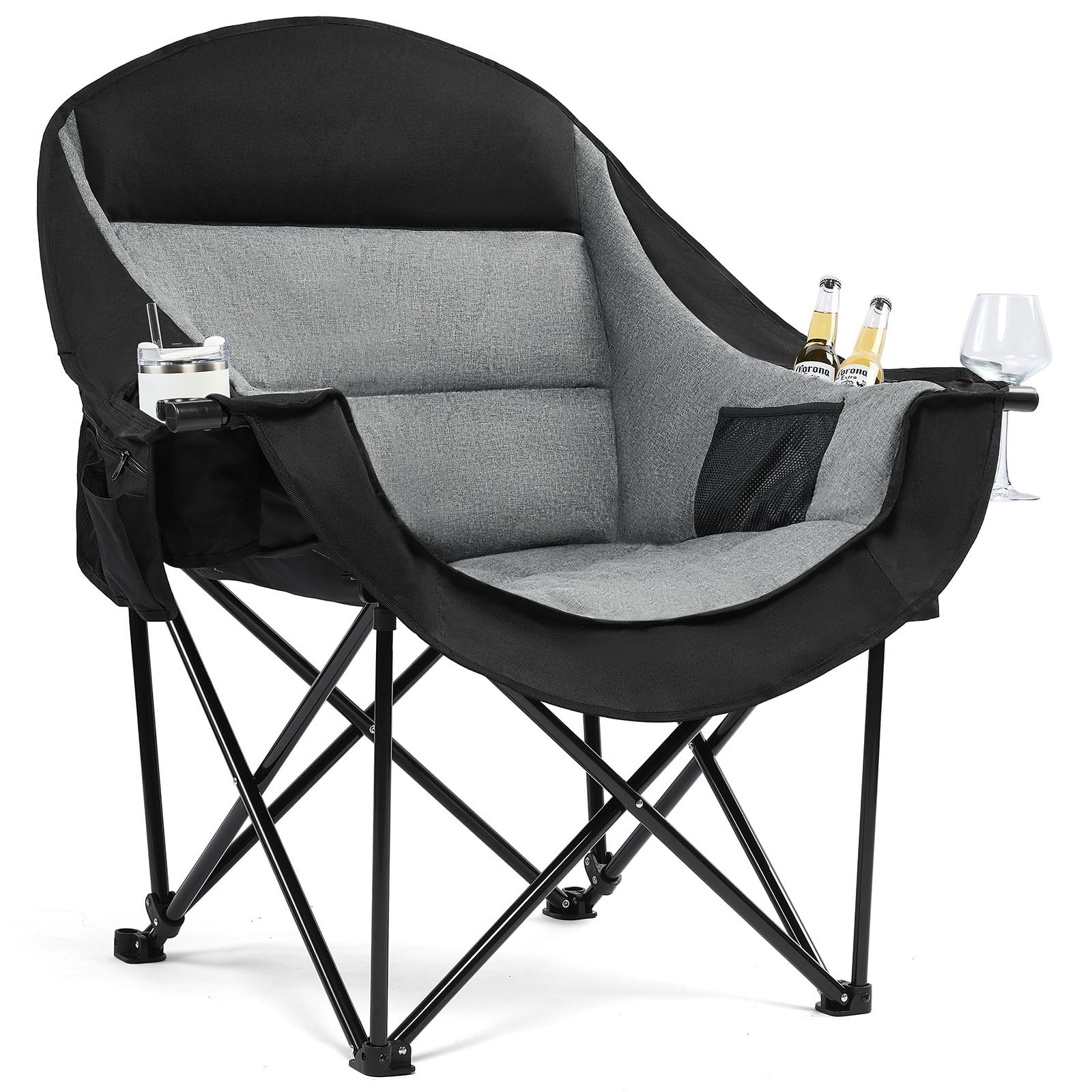 Oversized Camping Chairs for Adults - Heavy Duty Padded Outdoor Folding Lawn XL Camp Chair with Cup Holder Cooler Pocket