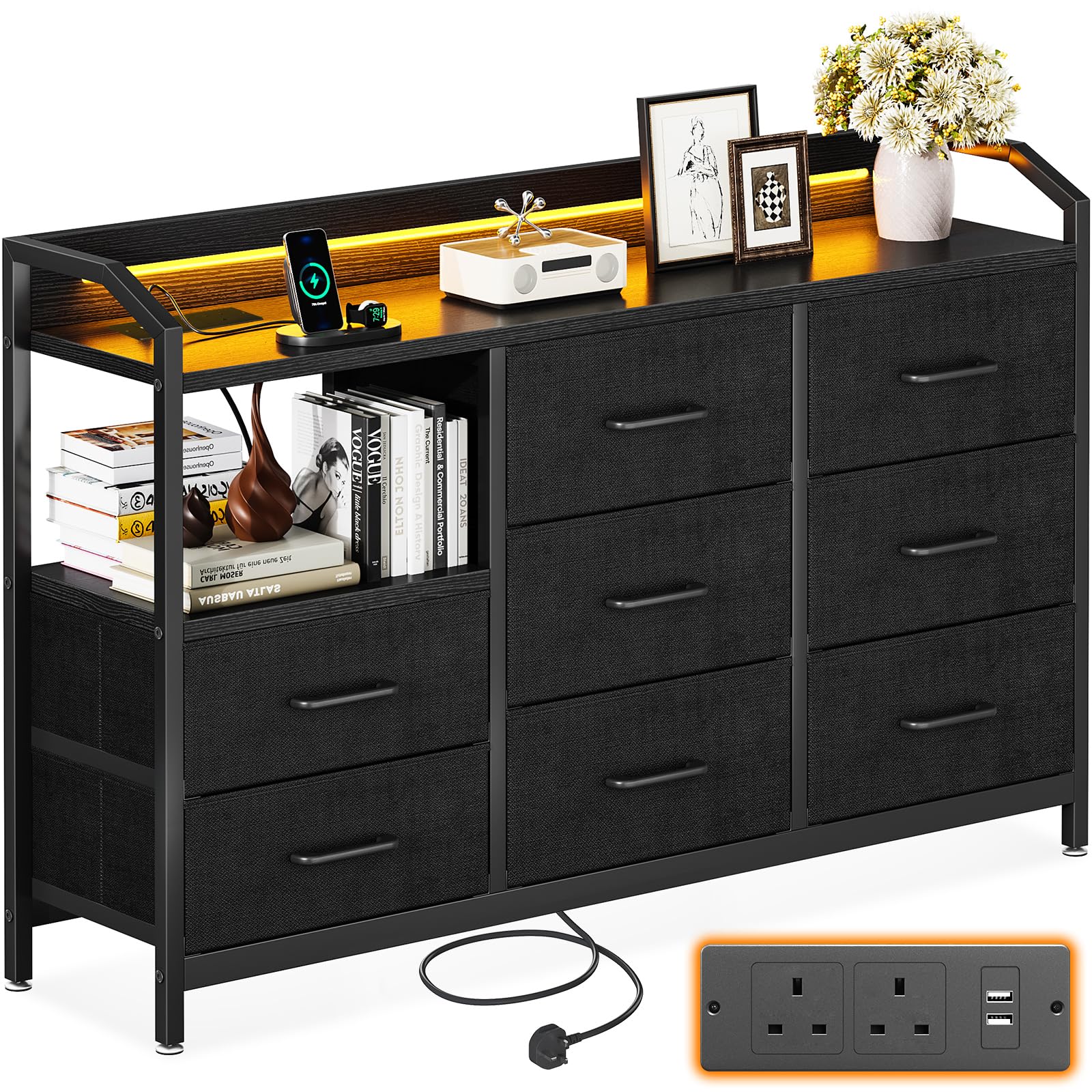 ODK Black Chest of Drawers Bedroom, with LED Light trip with 10 Adjustable Colors and 2 USB and 2 AC Outlets, Includes 8