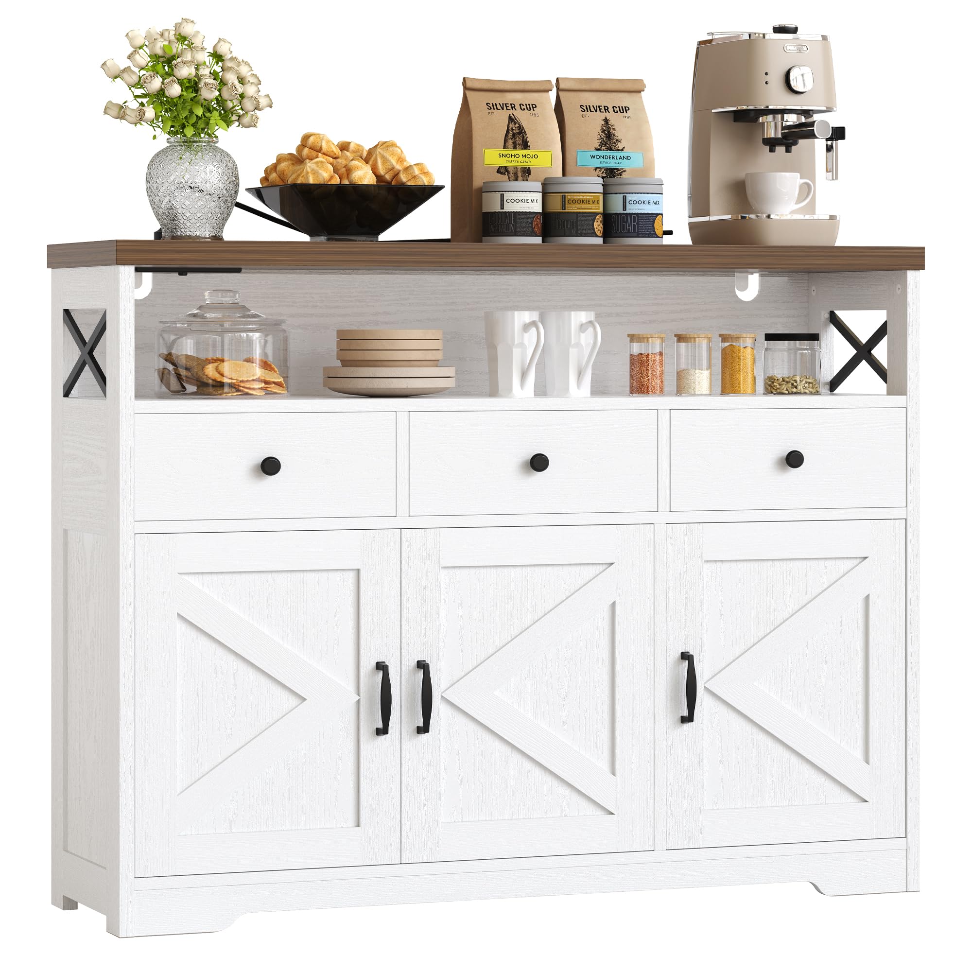 IRONCK Sideboard, Kitchen Cabinet with Power Outlets 2AC+1USB+1C, Storage Cupboard 3 Drawers 3 Doors
