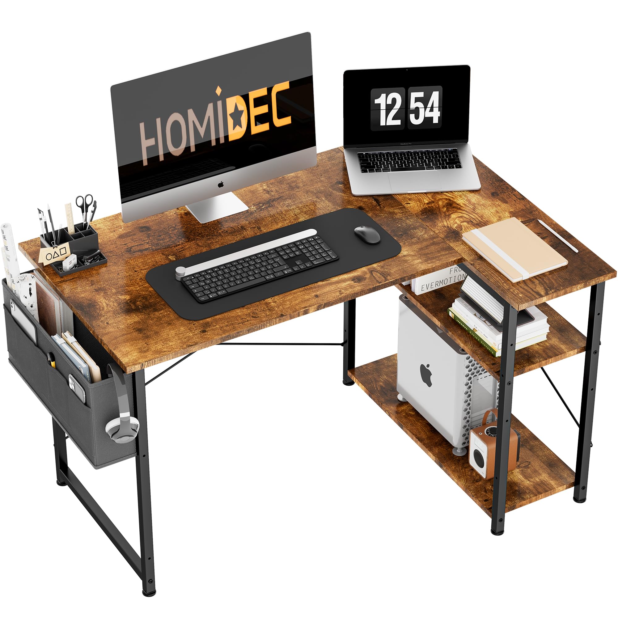 HOMIDEC L Shaped Desk 100CM Computer Desk Study Office Table GamingDesk Writing Table With Bookshelf