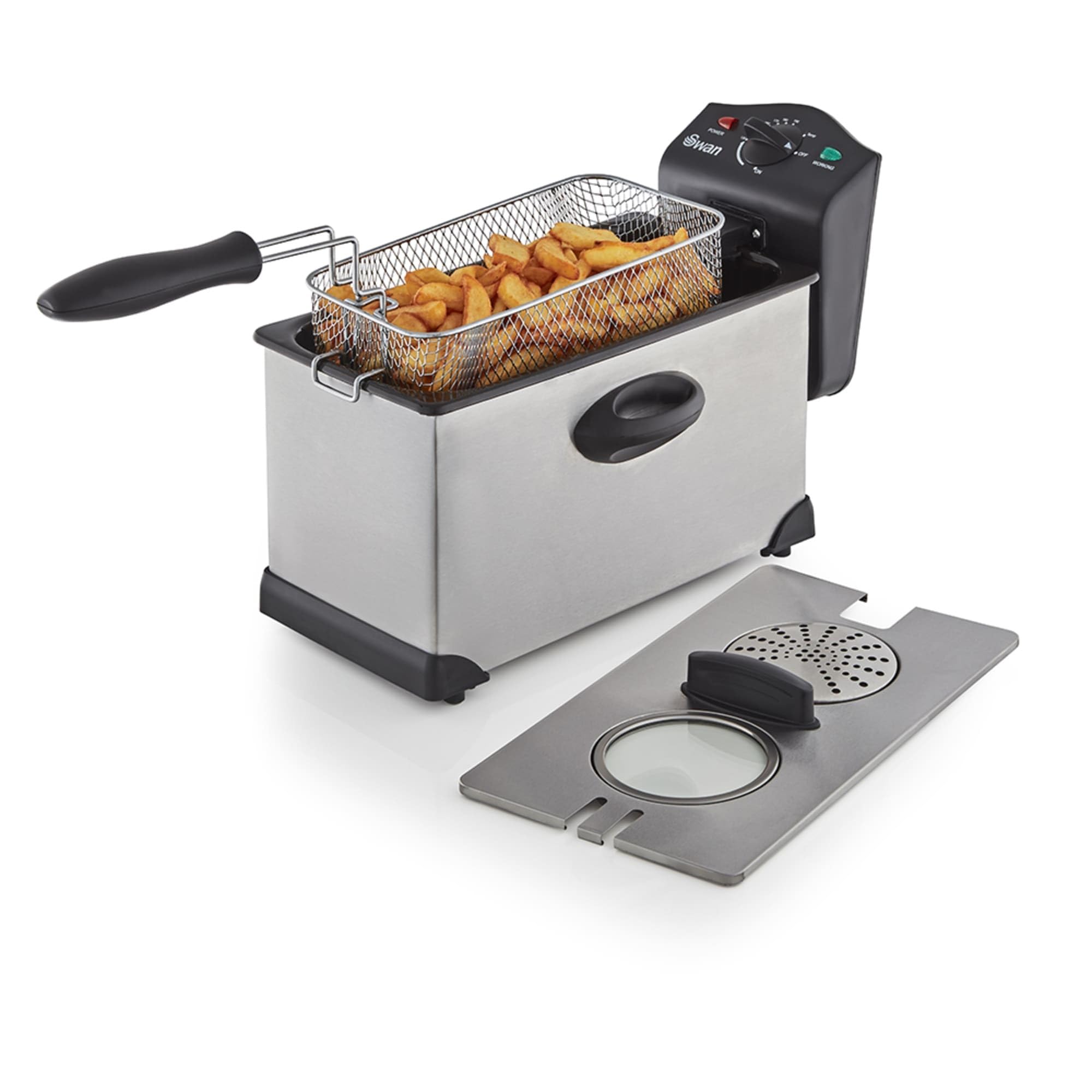 Swan 3L Stainless Steel Deep Fat Fryer with Viewing Window and Safety Cut Out, Non-Slip, Easy Clean and Adjustable Tempe