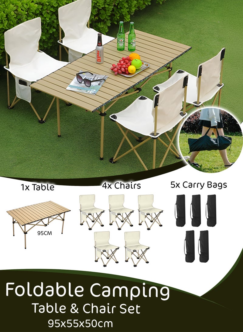 DBLEW Foldable Camping Table & 4 Chairs Set - 95x55x50cm | Aluminum Roll-Up Table | 120kg Chair Capacity | Waterproof, P