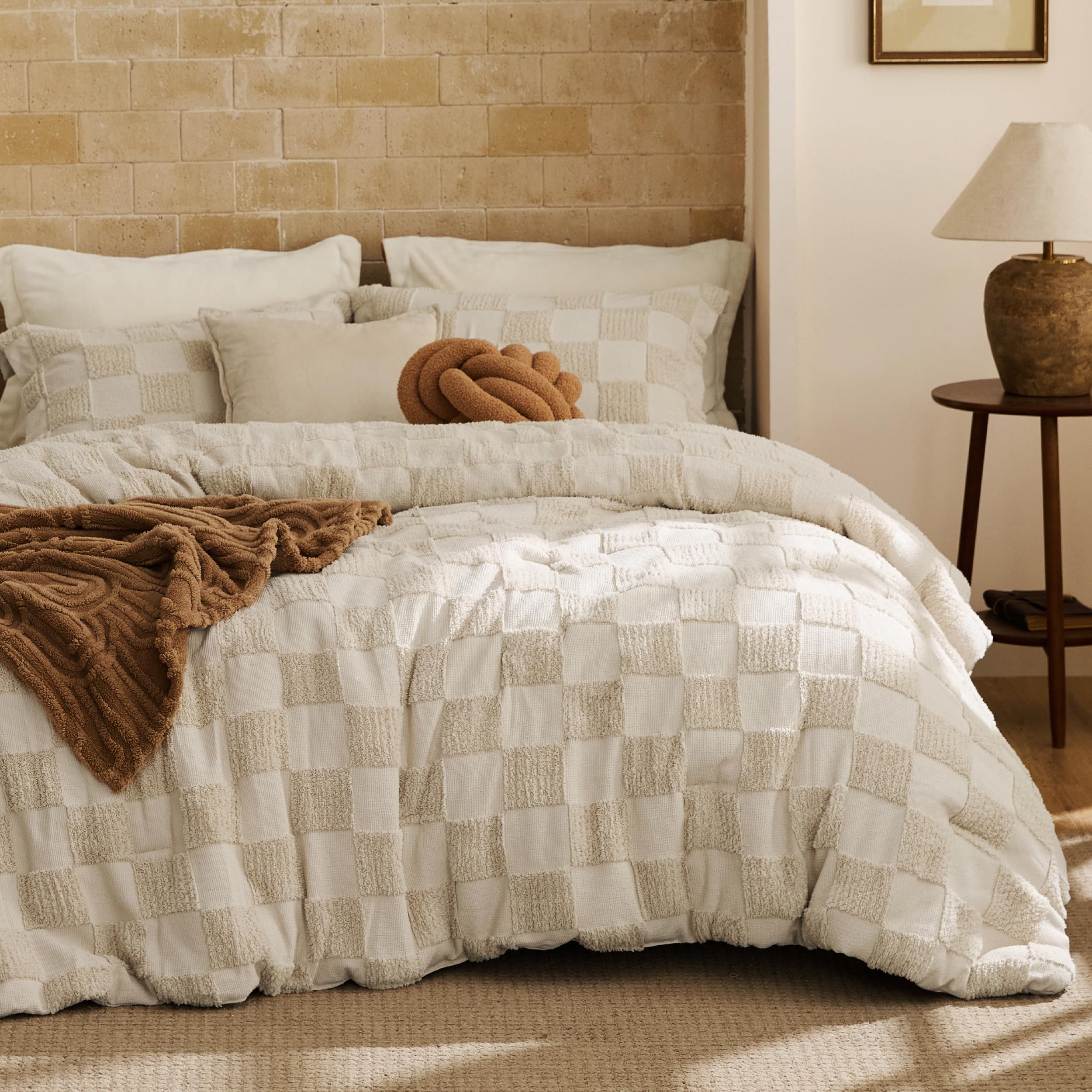 Bedsure Queen Size Comforter Set Beige, Boho Tufted Bed Set, Checkered Farmhouse-Style Distressed Vintage Bedding, 3 Pie