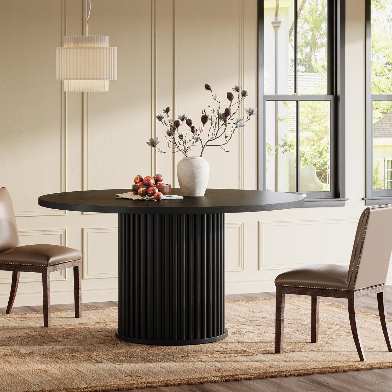 Tribesigns 47.24-Inch Black Round Dining Table for 4-6 People, Modern Fluted MDF + Metal Base Kitchen Table, Sturdy Circ