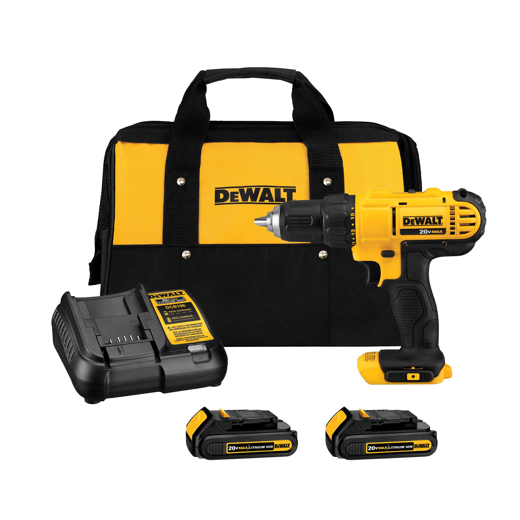DEWALT 20V Max Cordless Drill Driver Set, 2 Speed, High Performance Motor, Includes 2 XR 1.3Ah Li-Ion Batteries, Charger