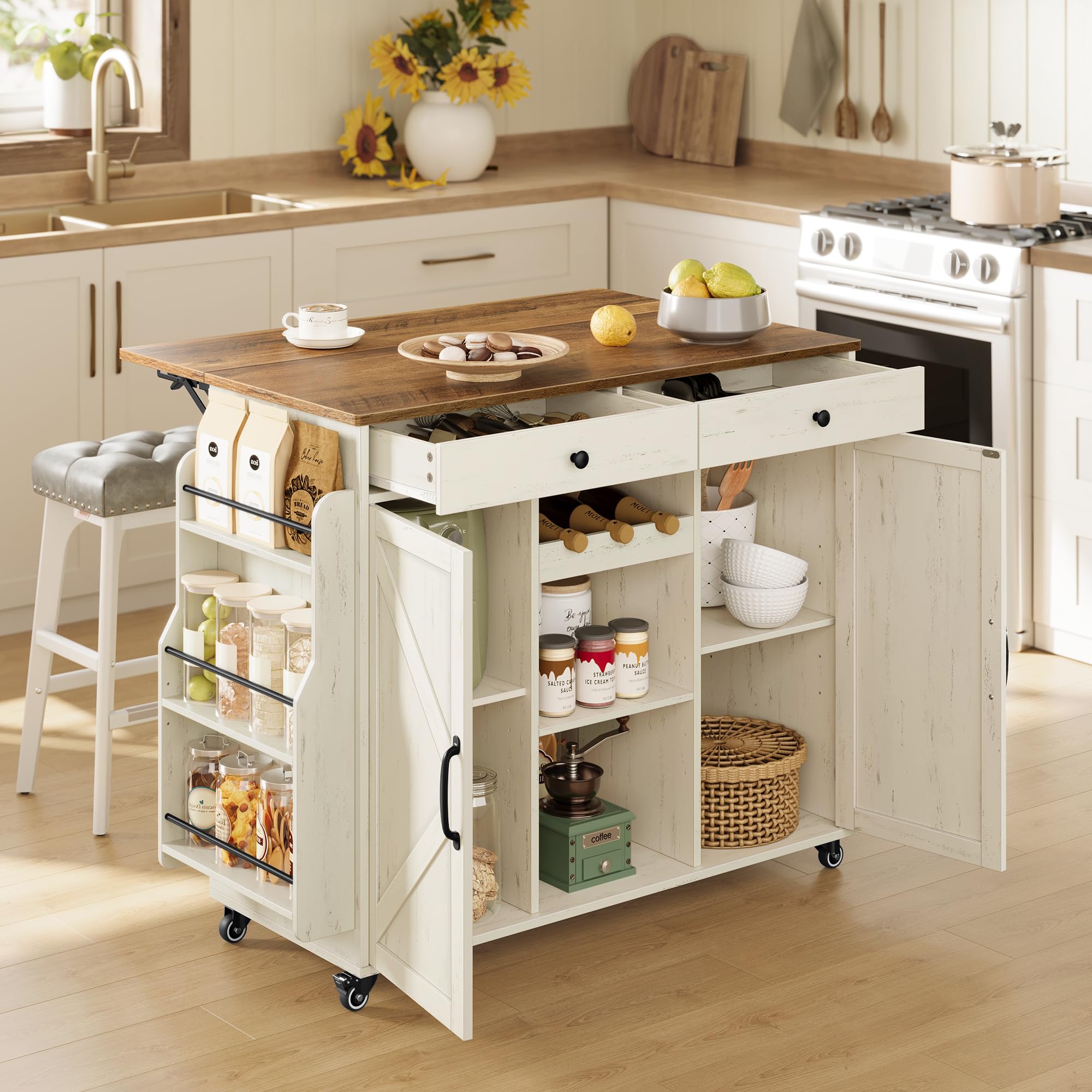 VASAGLE Mobile Kitchen Island with Drop Leaf, Portable Island with Spice Rack, Mobile Cart with Stor
