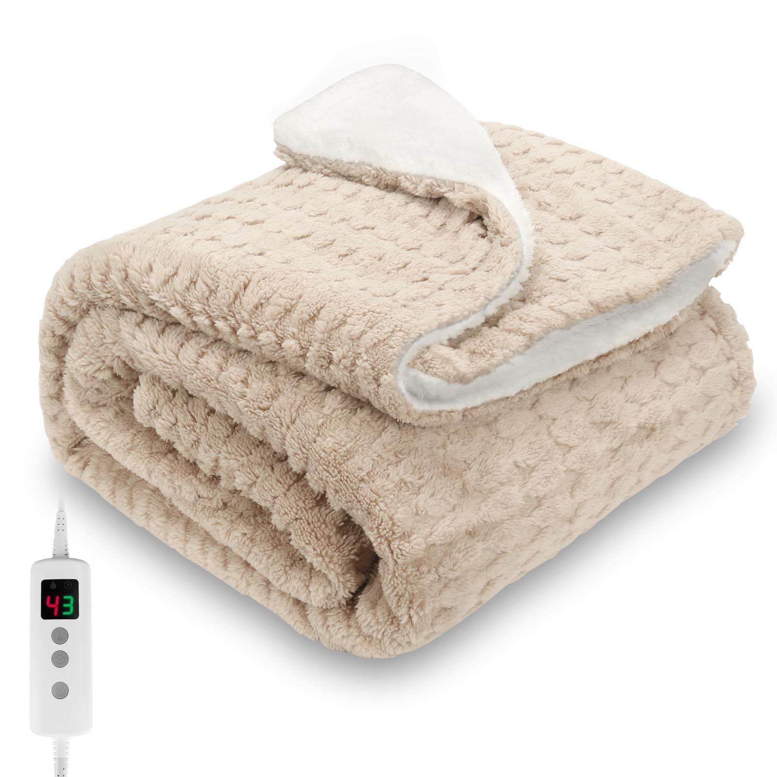 PROALLER Heated Blanket, Electric heated throw 160x130CM Beige, 10 Levels &1-9H Timer Auto-Off, Machine Washable, Soft F