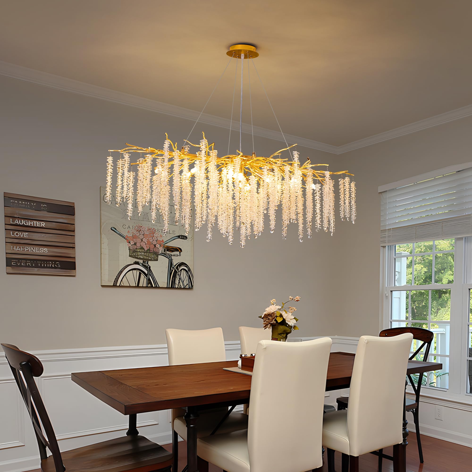 Tree Branch Chandelier L47 Luxury Rectangular Crystal Raindrop Pendant Light 13 Lights Kitchen Island Hanging Light Fixt