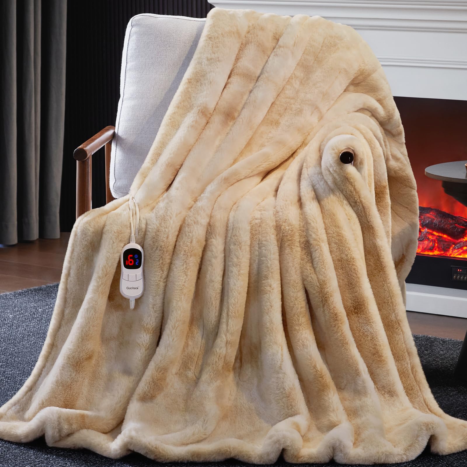 Guohaoi Heated Blanket Electric Throw, Soft Faux Rabbit Fur Electric Blanket with 10 Heating Levels 5 Sitting Timer Auto