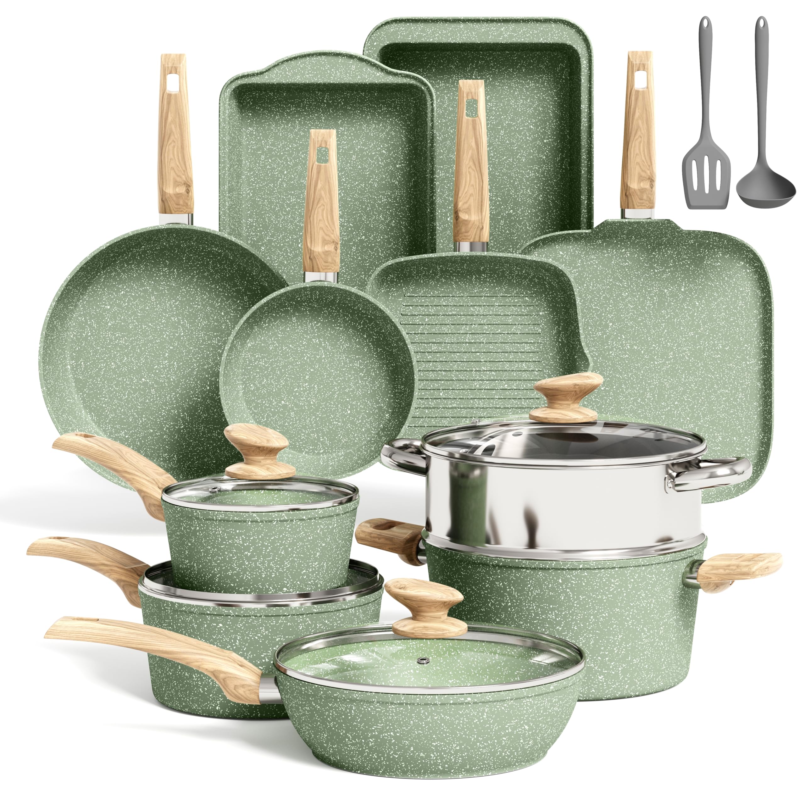 Kitchen Academy 17 Pcs Pots and Pans Set Non Stick, Induction Kitchen Cookware Set, Green Healthy No