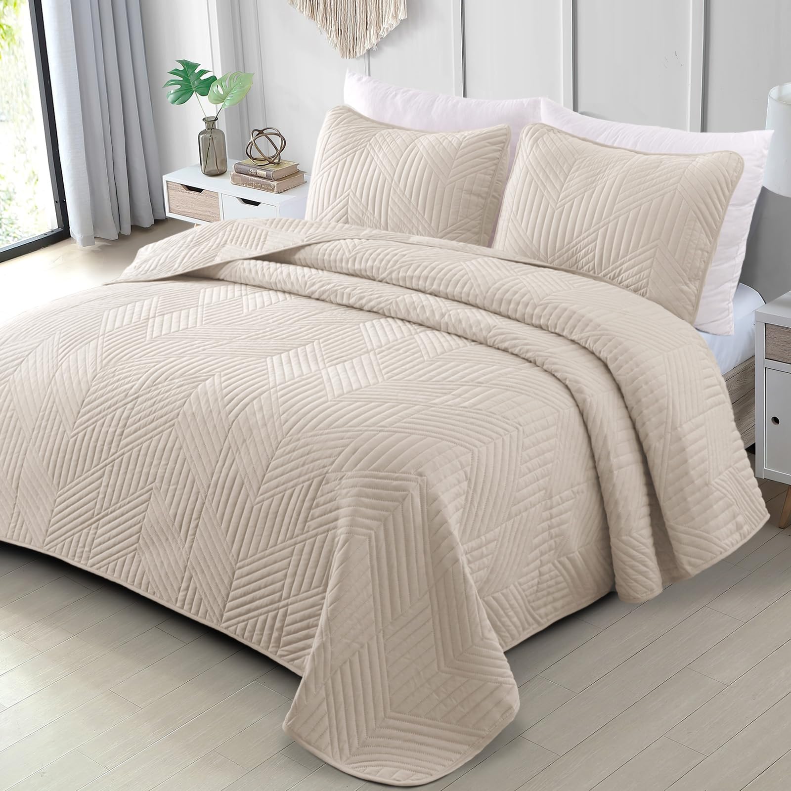 Exclusivo Mezcla Ultrasonic Full Queen Quilt Bedding Set, Lightweight Brich Beige Bedspreads Soft Mo