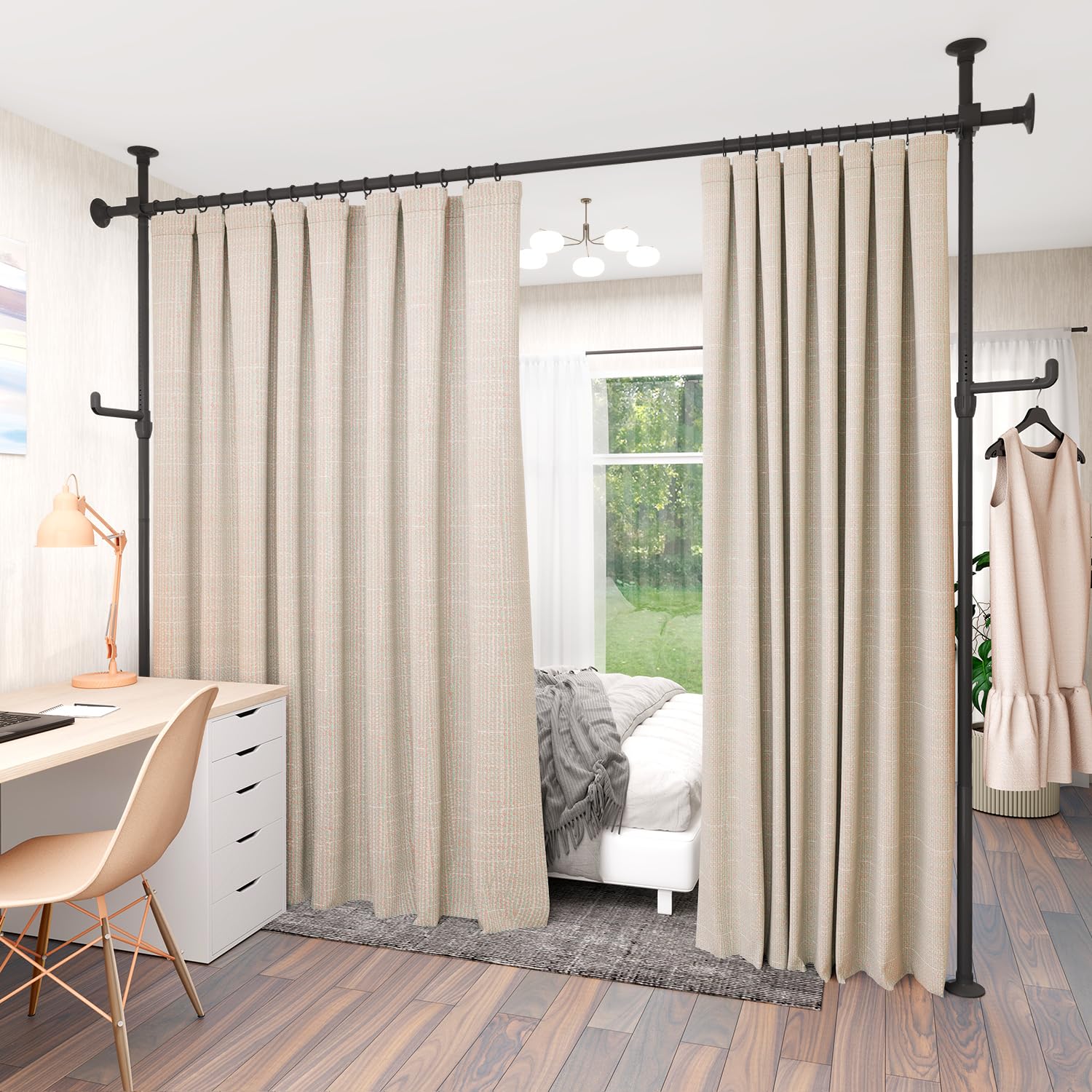 KELIXU Room Divider Curtain Rod No Drilling, 4-10ft (W) x 4-10ft (H) Room Partition with Hanging Hooks, Floor to Ceiling