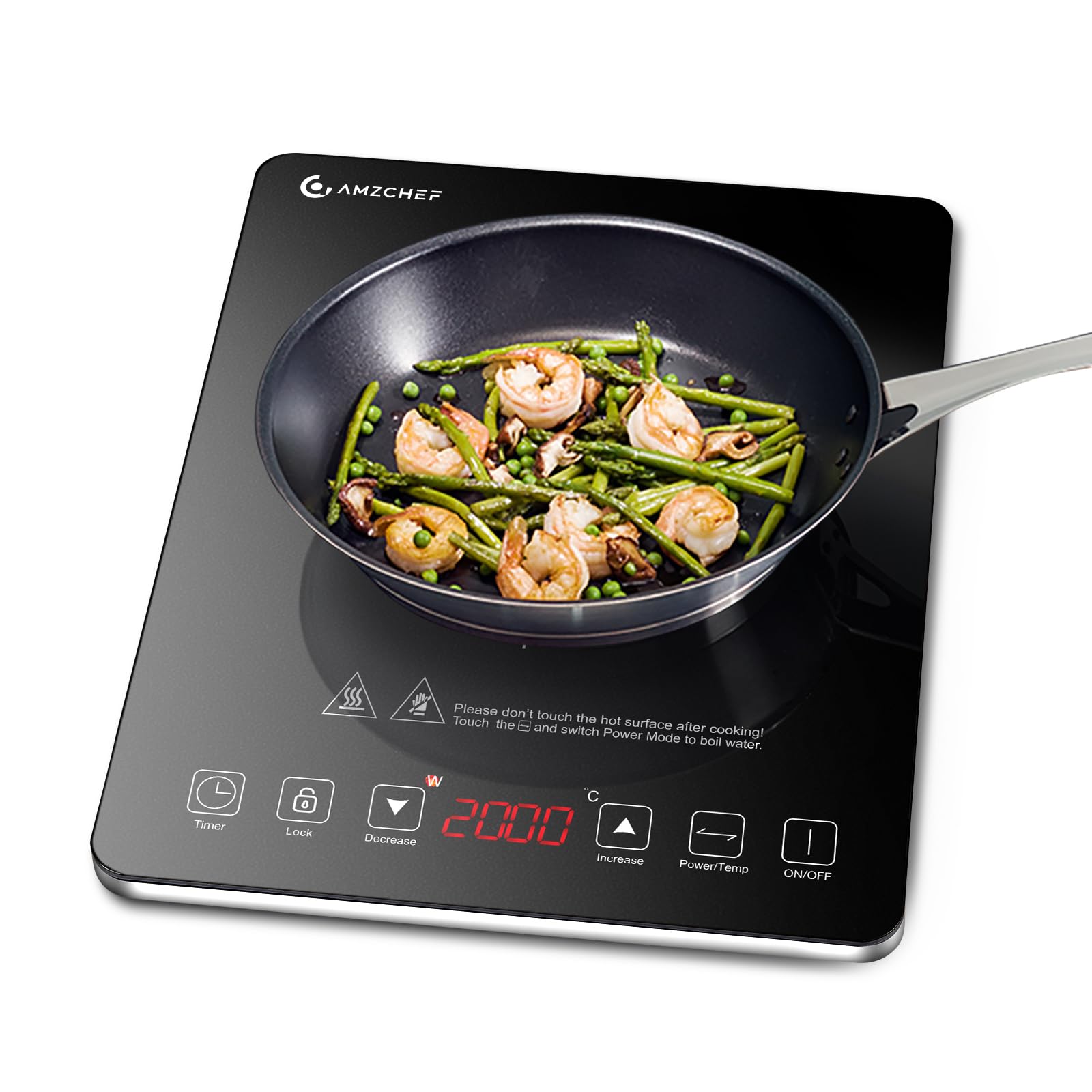 AMZCHEF Single Induction Cooker, Ultra-thin Induction Hob with Fashion Look, 10-level Power and Temperature Control, Bla