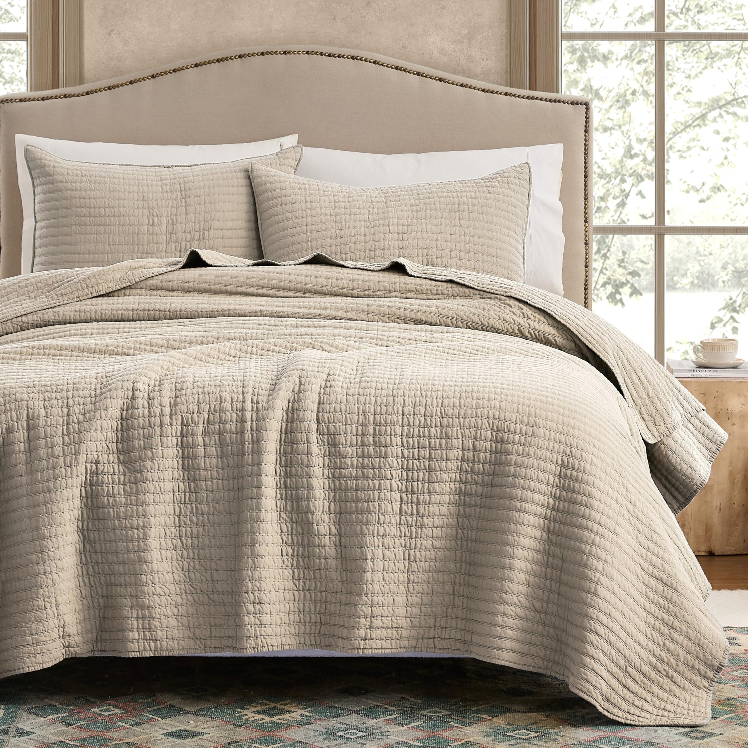 WDCOZY 100% Cotton King Size Quilt Set - Beige Neutral Striped Pick Stitch Soft Lightweight Bedsprea