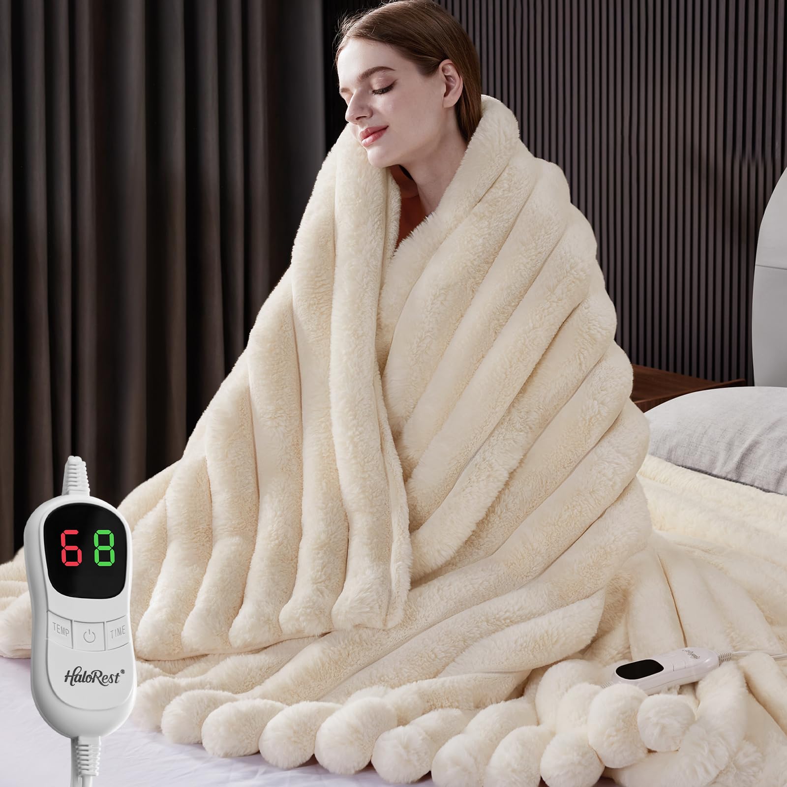 Heated Throw Blanket, Faux Fur Cozy Heating Blanket with Overheat Protection, 1/2/4/6/8 Hours Auto-Off 10 Heat Level, Ma
