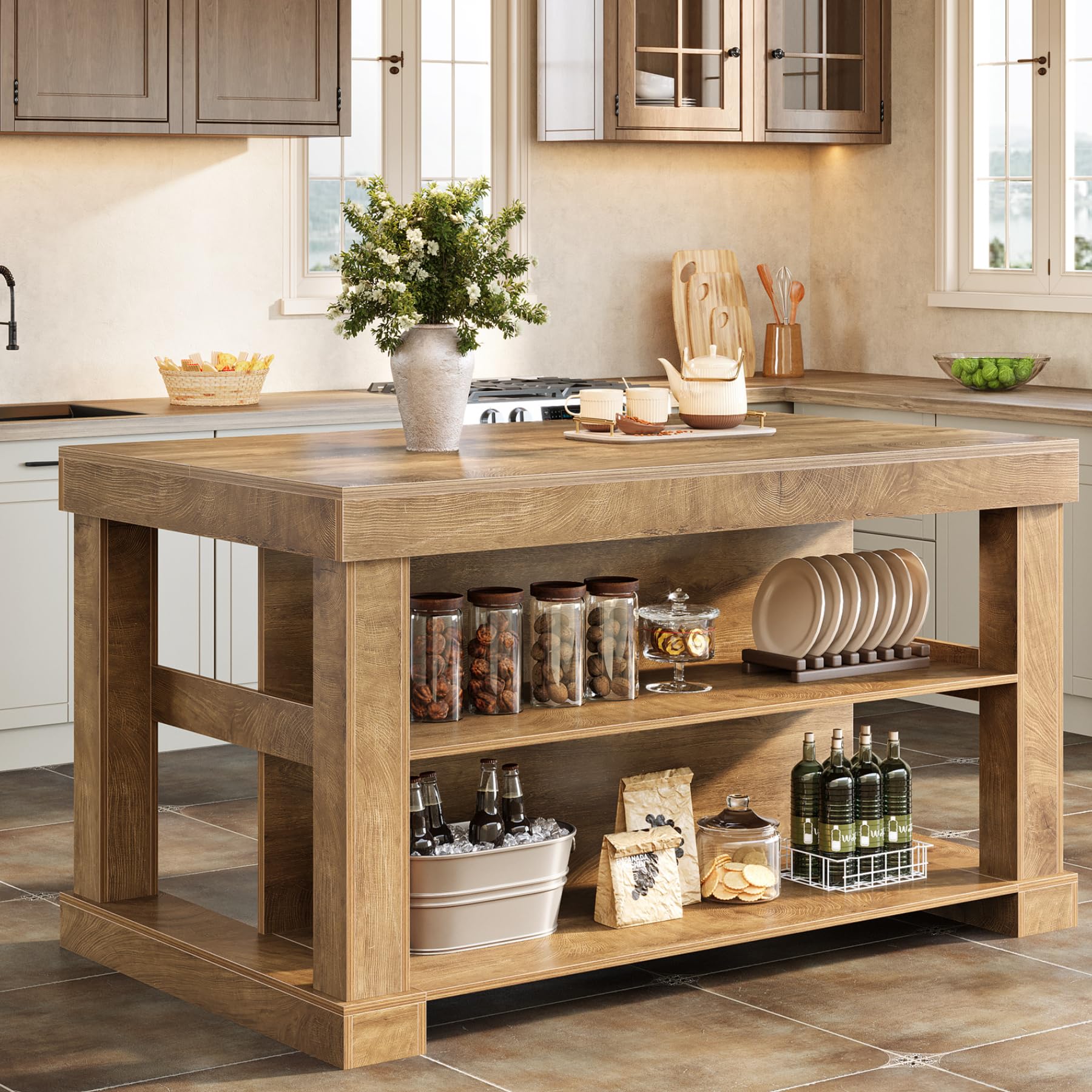 Tribesigns 55" Kitchen Island with Seating and Storage, 3-Tier Farmhouse Wood Stationary Island Tabl