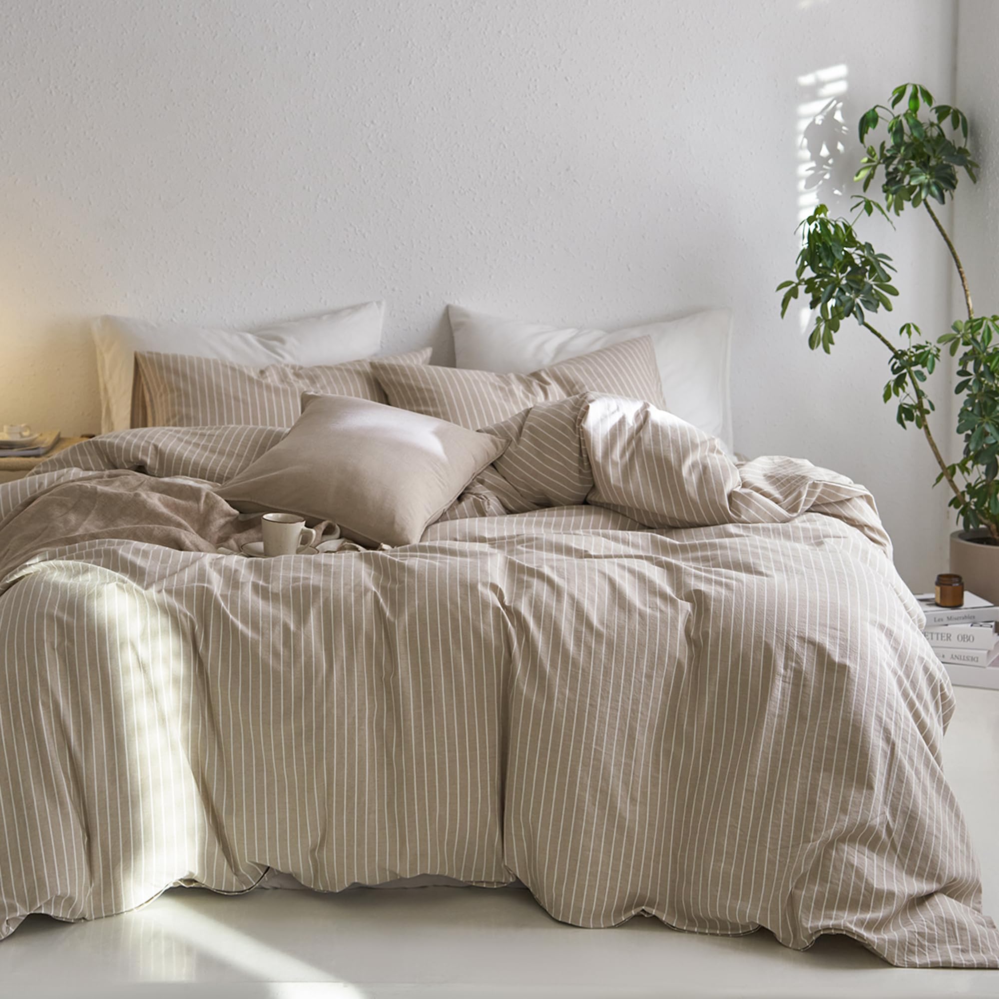 MooMee Striped Duvet Cover Set 100% Washed Cotton Linen Like Textured Breathable Durable Soft Comfy 
