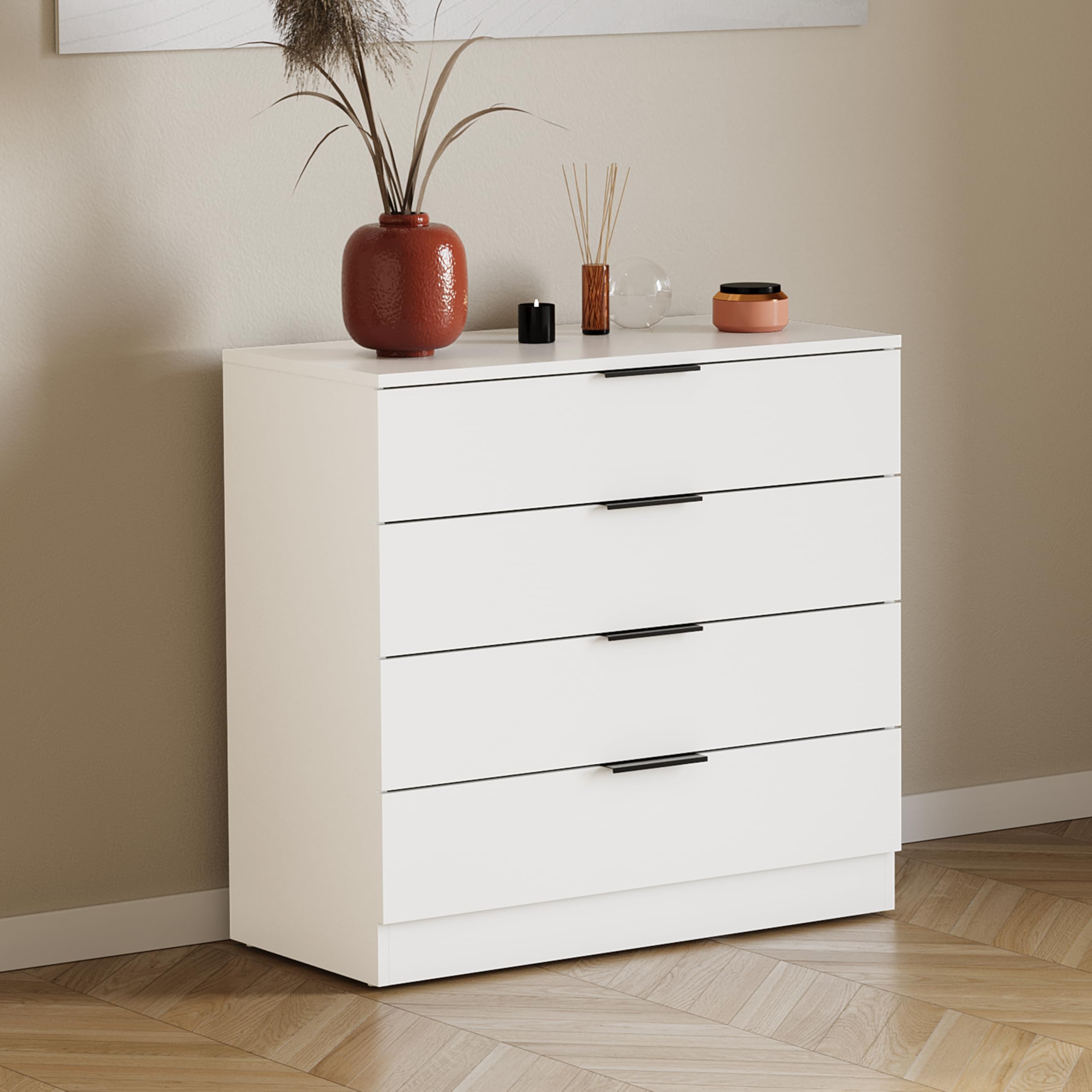 Vida Designs Trega 4 Drawer Chest of Drawers White - Compact Space-Saving Bedroom Storage Unit - 74Hx66Wx36Dcm - Anti-Bo