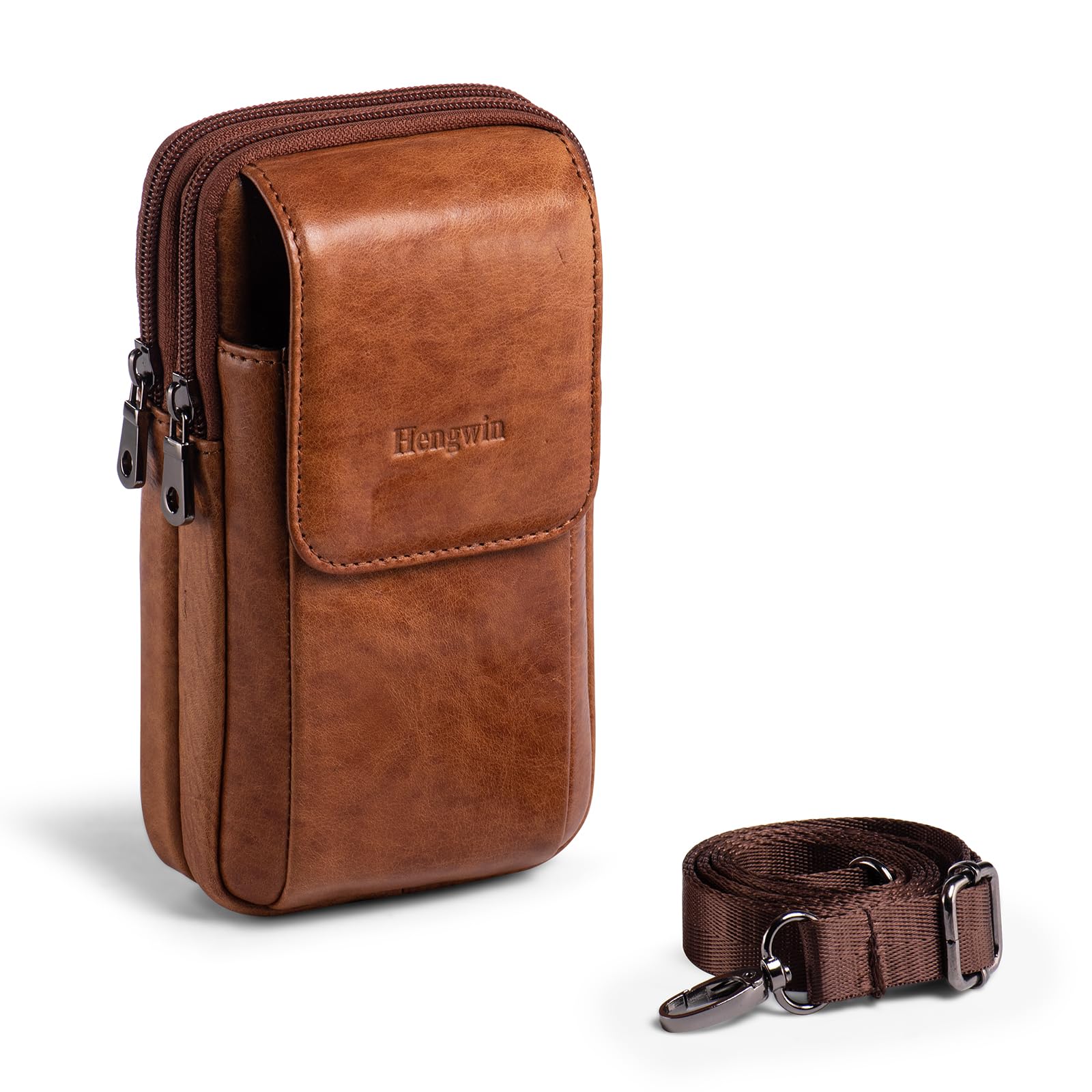 Phone Belt Holder, Genuine Leather Cellphone Bag, Men’s Shoulder Crossbody Purse, Small Card Money Travel Pouch with Str