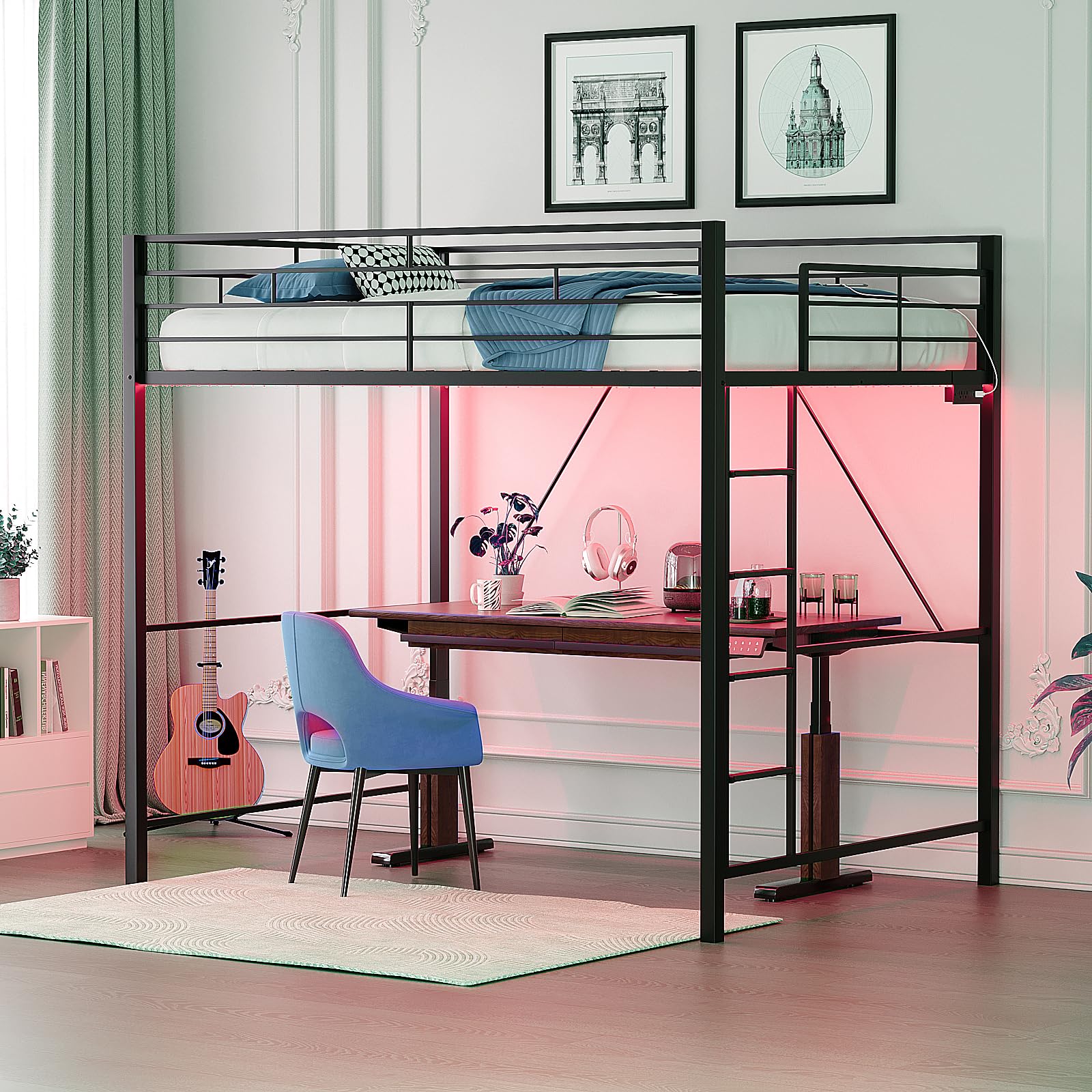 Bonnlo Loft Bunk Bed, Single Loft Bed with Outlet & LED Light, Space-Saving High Sleeper Bed with No