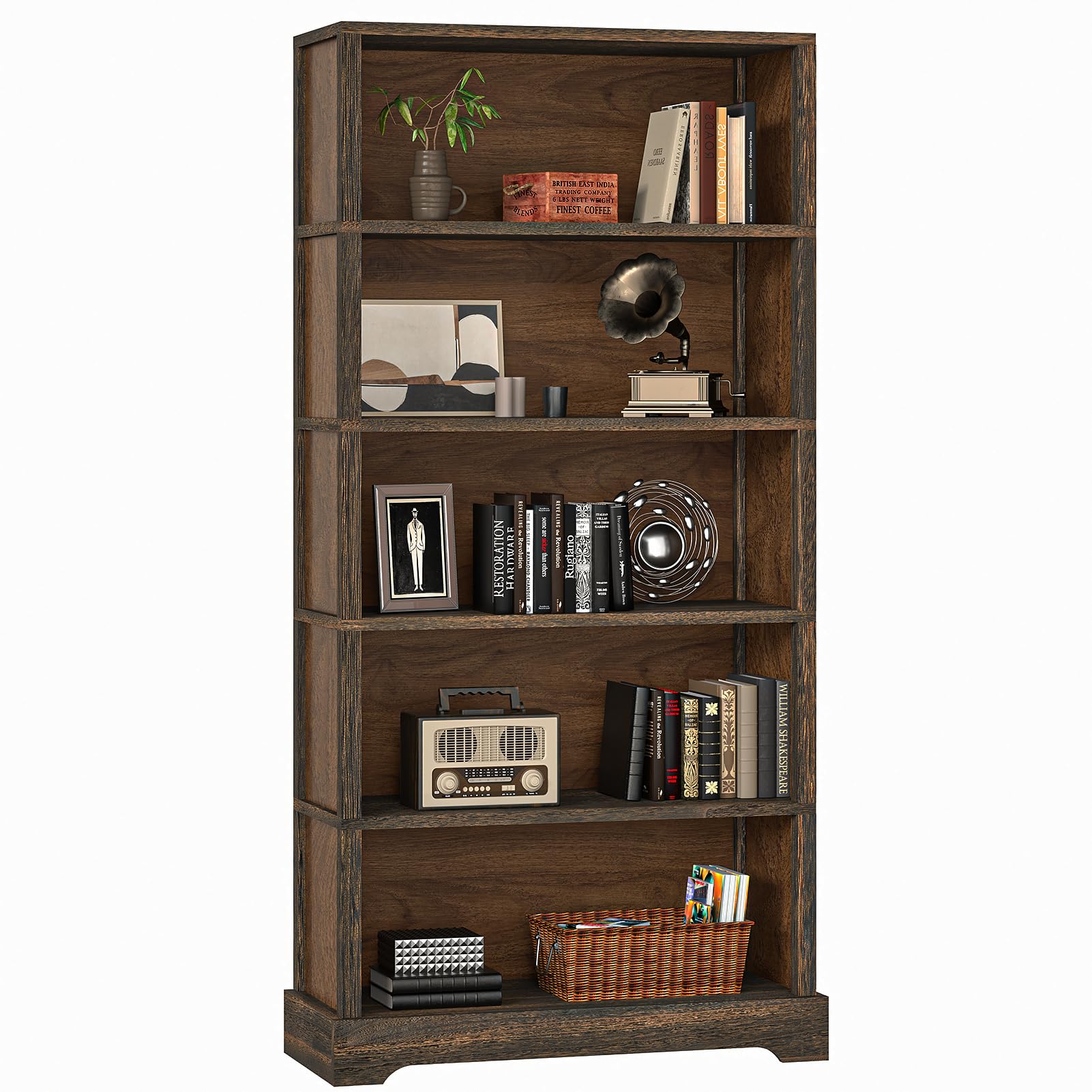 TVU 5-Tier Solid Wood Book Shelf, Floor Standing Bookcase, 65" H × 31.5" W × 11.8" D Bookshelf, Farm