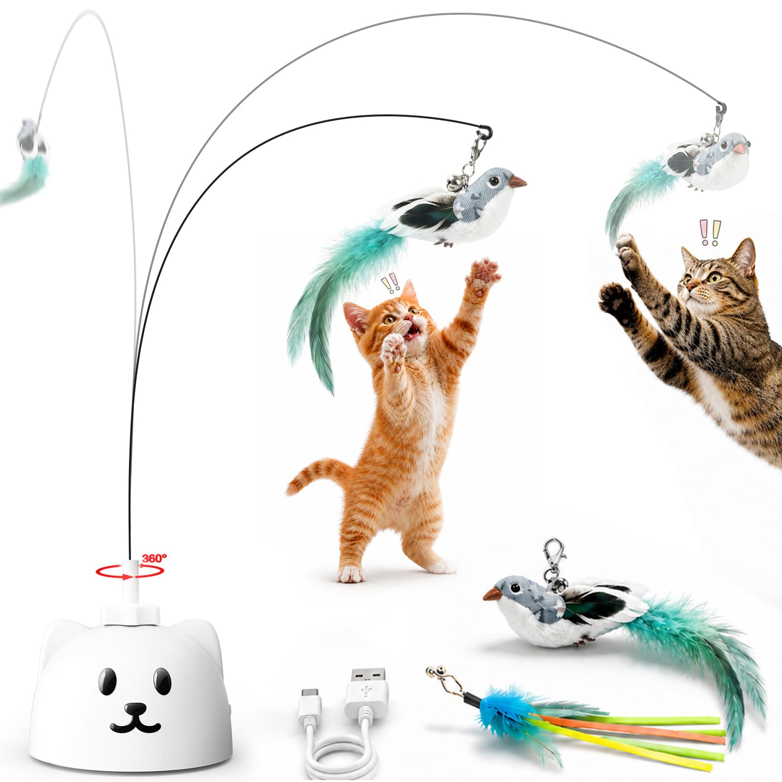 CATPICK Interactive Cat Toys for Indoor Cats - Automatic Flying Bird Feather Toy, Rechargeable Electric Cat Wand with St