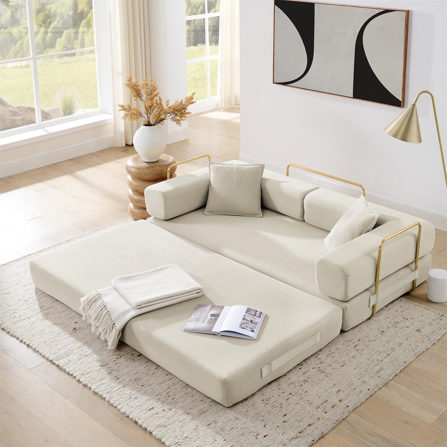 4-in-1 Folding Convertible Sofa Bed, 78 Inch Boneless Couch with Fixed-Shape Frame, Corduroy Loveseat Sleeper with Pull 