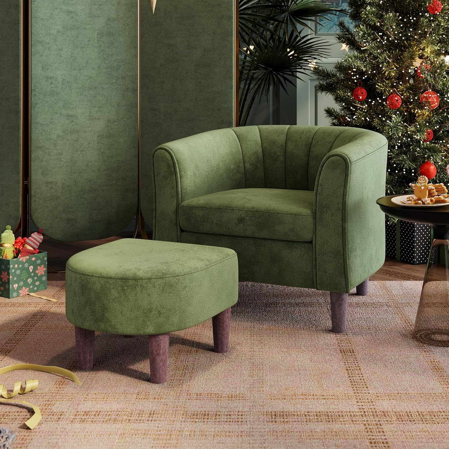 LINSY Accent Chair with Ottoman, Modern Armchair Comfy Barrel Reading Chair with Footrest for Living Room Bedroom Readin