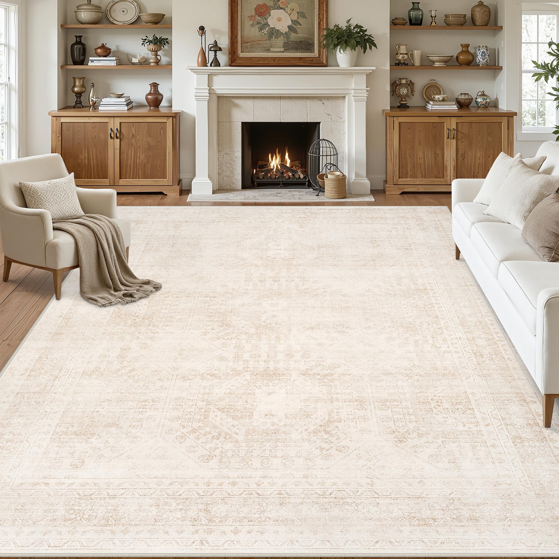 8x10 Area Rugs for Living Room: Vintage Boho Neutral Washable Rug Indoor Soft Large Area Rug Carpet 