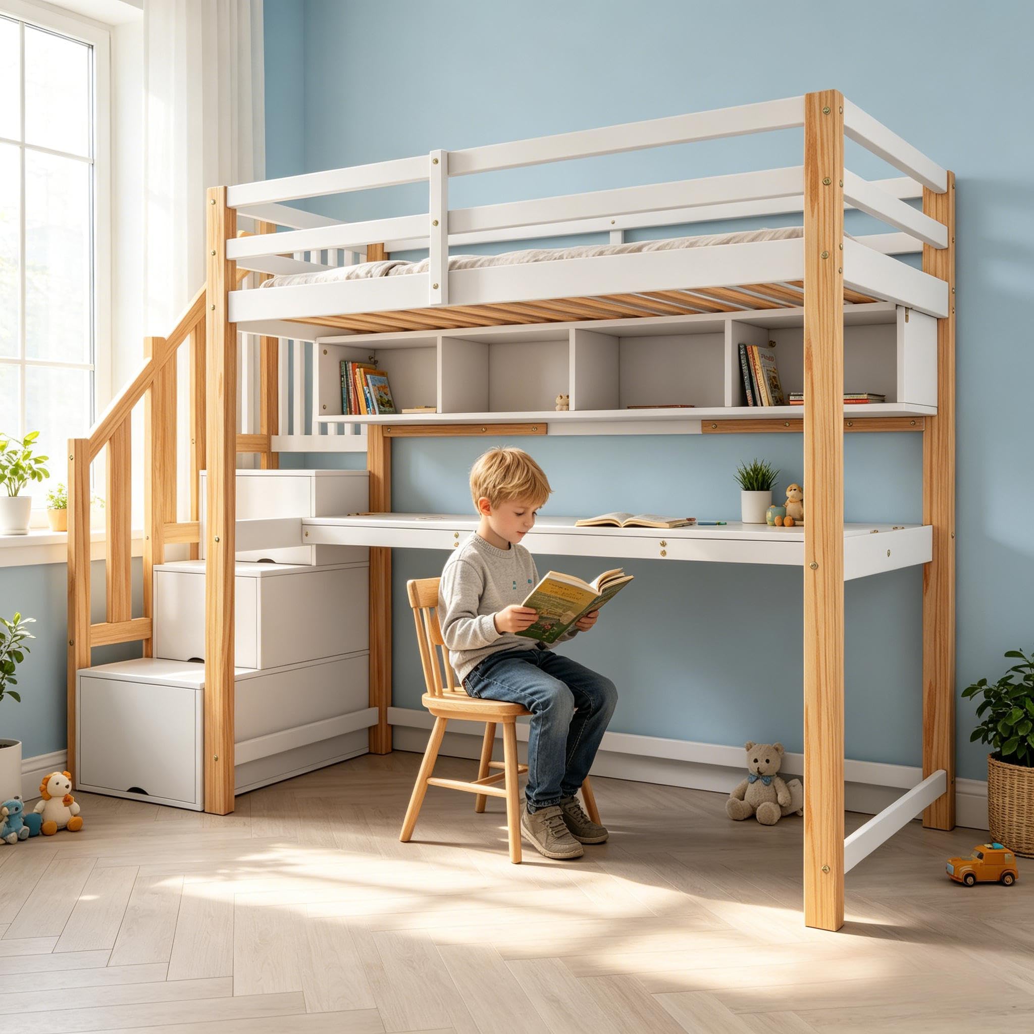 Loft Bed with Desk, High Sleeper Bed with Storage Stairs and Shelves, Kids Bed with Safety Guardrail and Wooden Slats, N