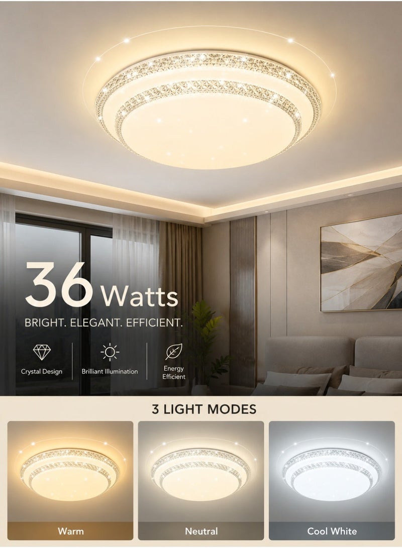 MODI 36W LED Crystal Ceiling Light 400mm, 3000LM Round Acrylic Flush Mount Ceiling Lamp, 120° Wide Beam, AC220-240V, Mod