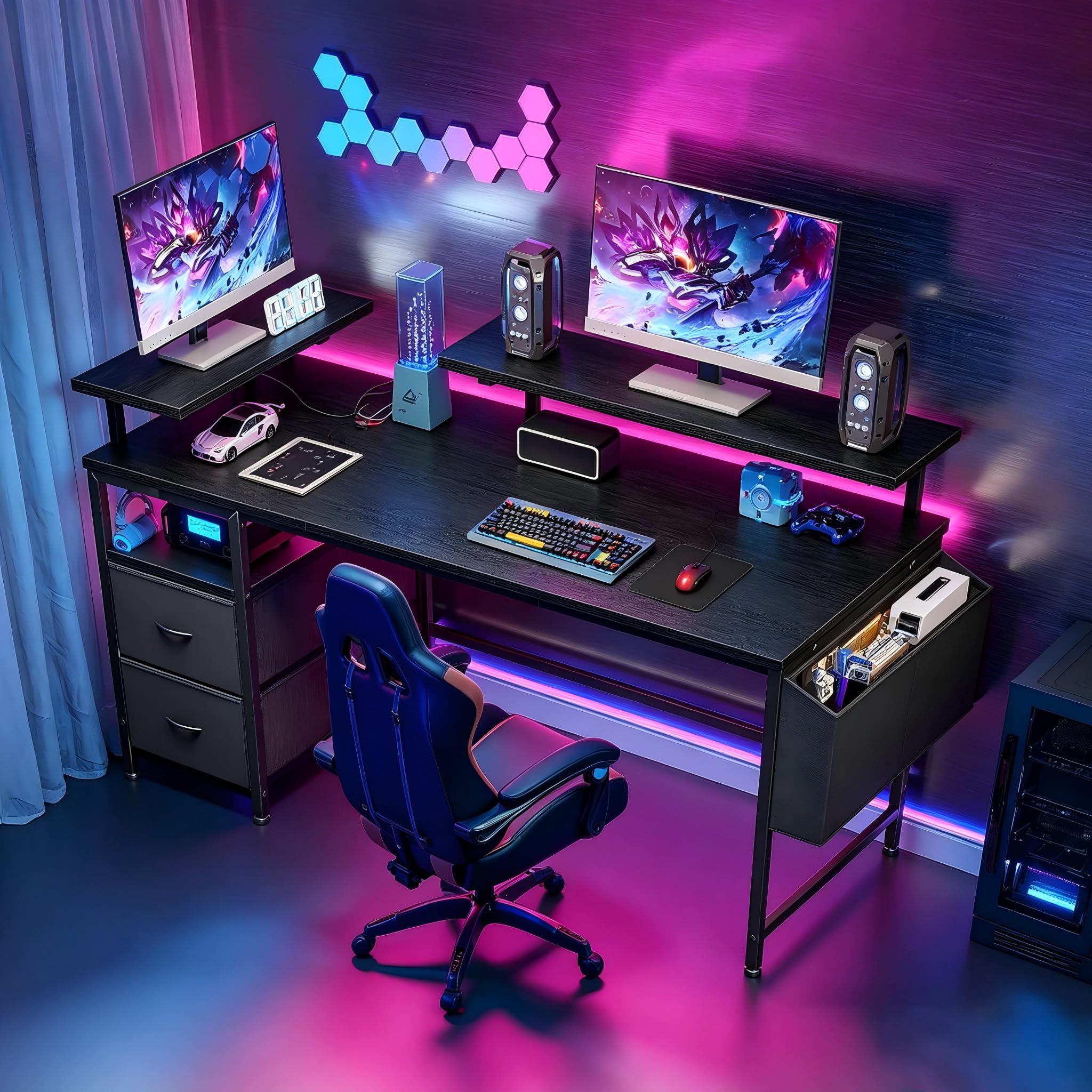 Gaming Desk with Drawers & Adjustable Monitor Stands – 120×48 cm Big Sturdy Computer Desk with Side Pocket & Headphone H