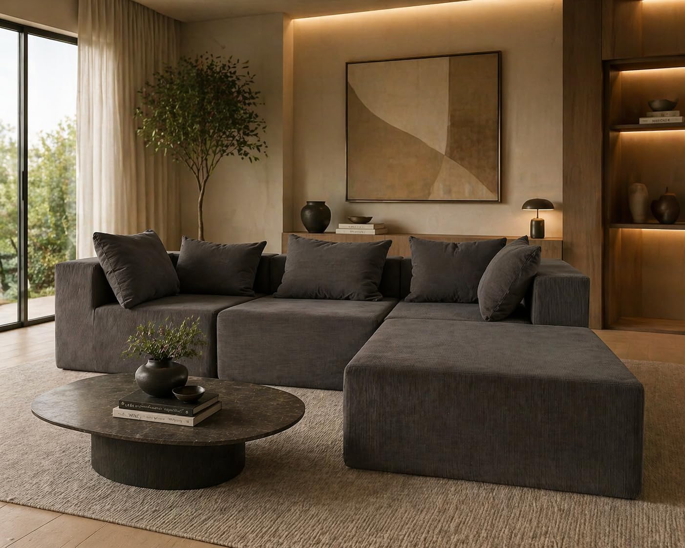 Modular Sectional Sofa, Charcoal Brown Velvet Boneless Couch, 3-4 Seater L Shaped Corner Sofa Bed, Oversized Deep Seat, 