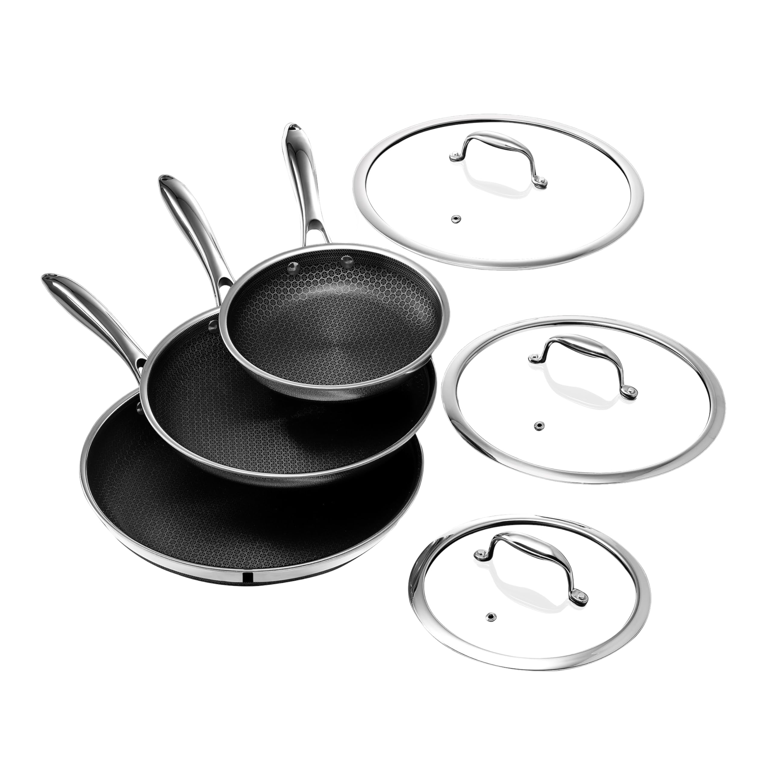 HexClad 6 Piece Hybrid Nonstick Frying Pan Set, 8, 10 and 12-Inch Frying Pans with Lids, Stay-Cool Handles, Dishwasher a