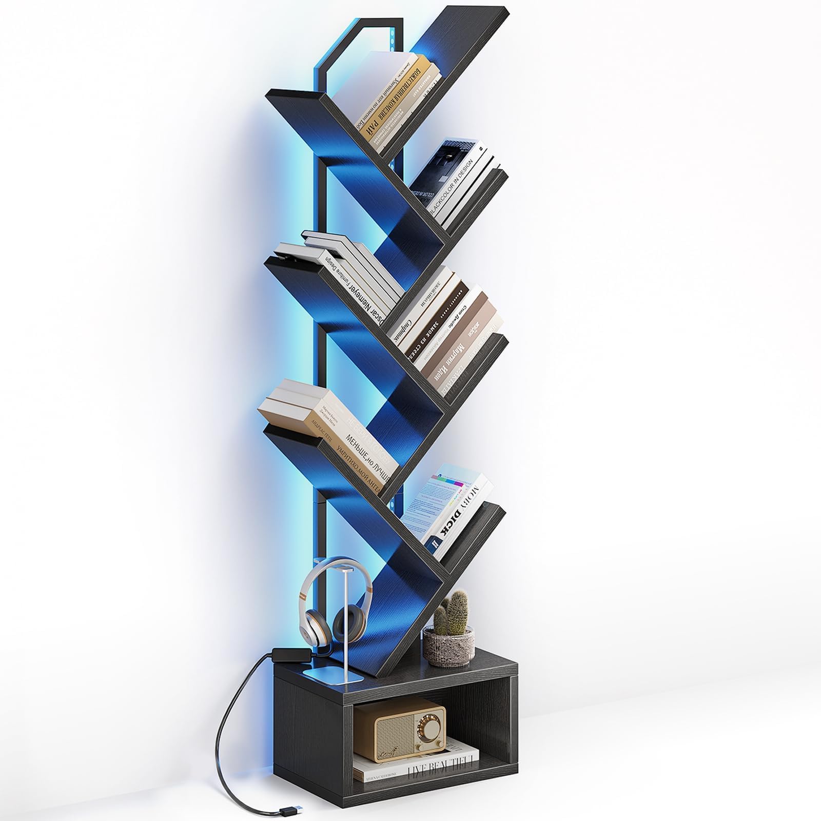 Coleshome Tree Bookshelf with LED Light, 6-Tier Floor Standing Bookcase, Bookcases suitable for bedrooms and living room