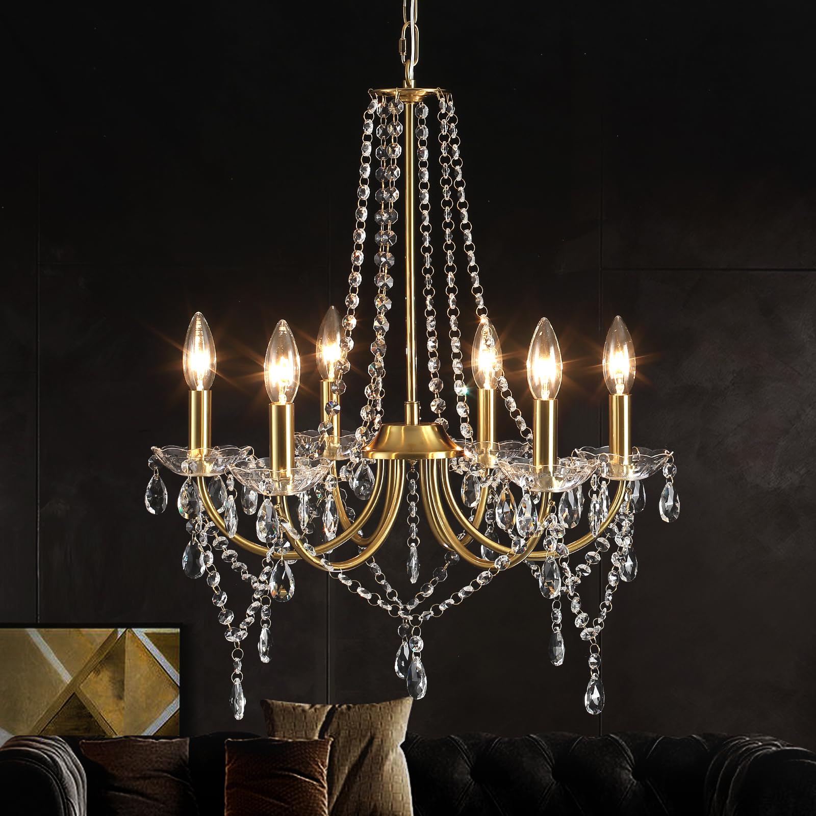 Crystal Chandeliers Ceiling Light, 6 Lights Modern Gold Ceiling Lights Living Room,Gold Chandelier Lighting for Bedroom,