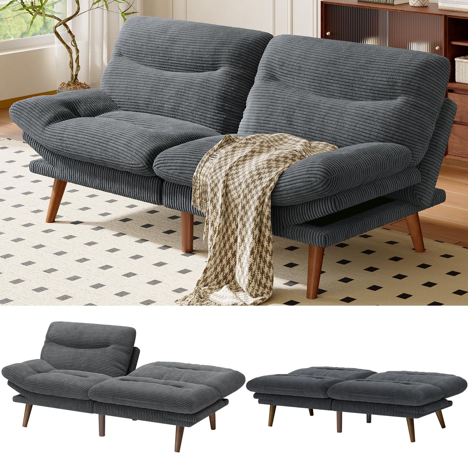 Amada 66" Convertible Futon Sofa Bed, Corduroy Folding Futon Set with Adjustable Backrest &Armrests,
