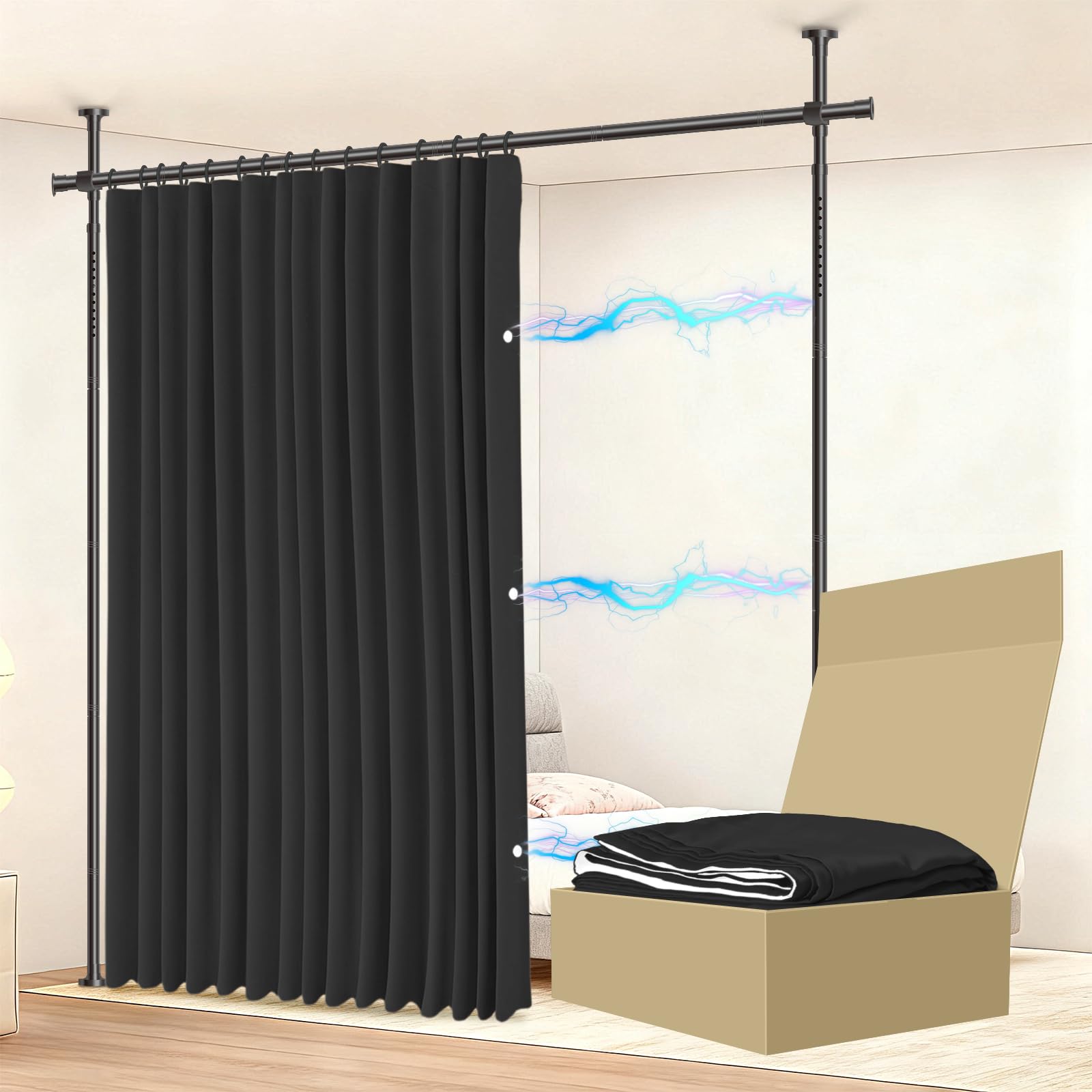 JILRON No-Drill Room Divider Curtain Set: Includes 106" W x 84" L Black Curtain & Adjustable Pole Br
