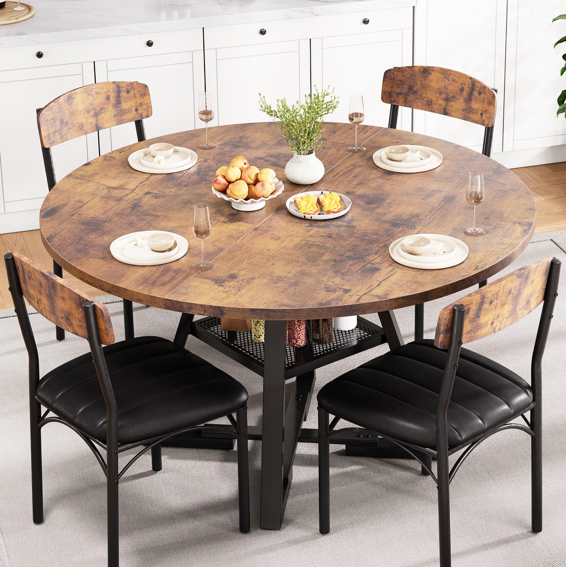 Round Dining Table Set for 4, Kitchen Table and Chairs for 4, Circle Table Round Pedestal Dining Room Dinner Dinette Tab