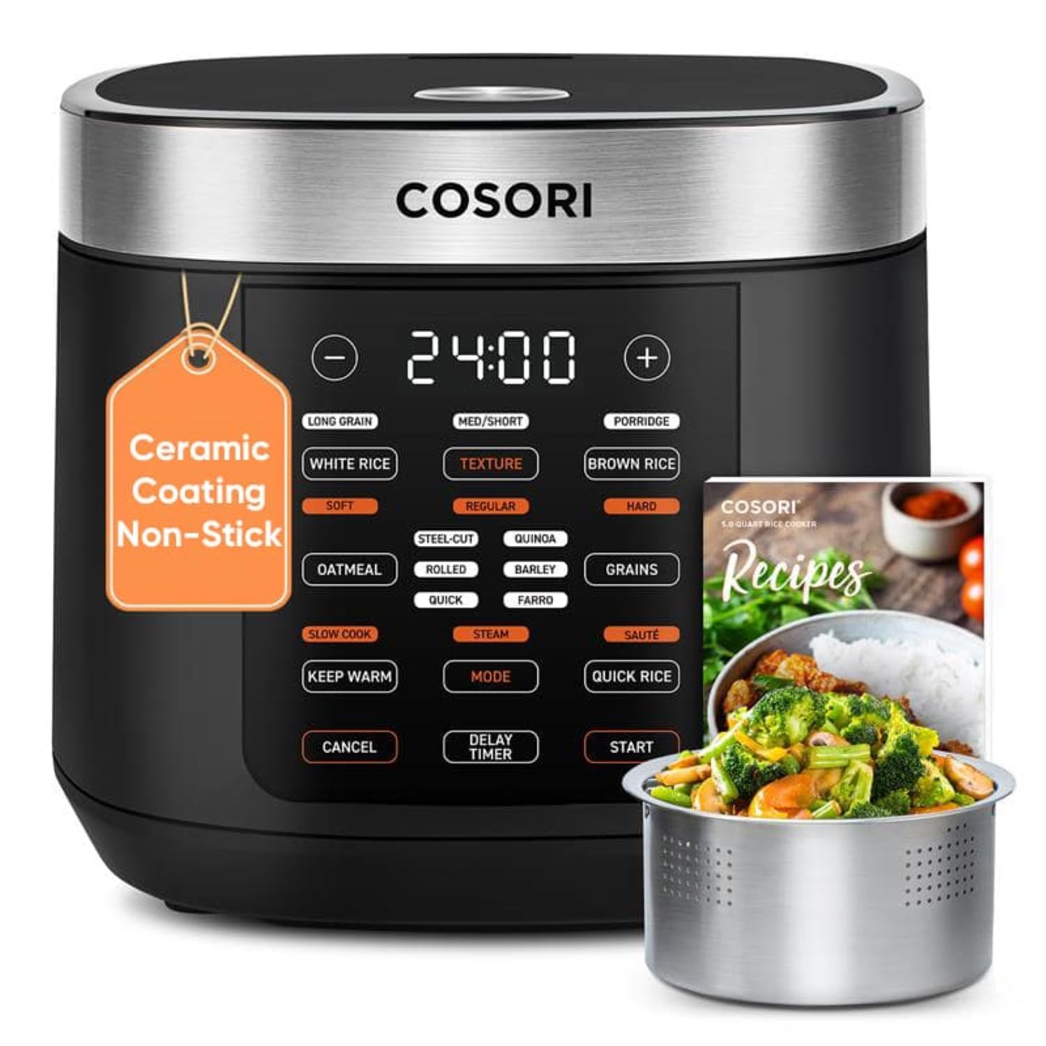 Cosori Rice Cooker 10 Cup, 24h Keep Warm, Non-stick Ceramic Inner Pot, 18 Functions Fuzzy Logic Rice Maker with Stainles