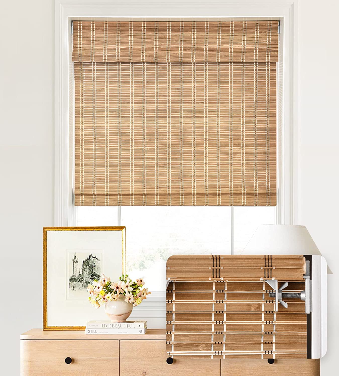 LazBlinds No Tools No Drill Cordless Bamboo Roman Shades, Light Filtering Window Treatment, Roll Up Bamboo Blinds for Wi