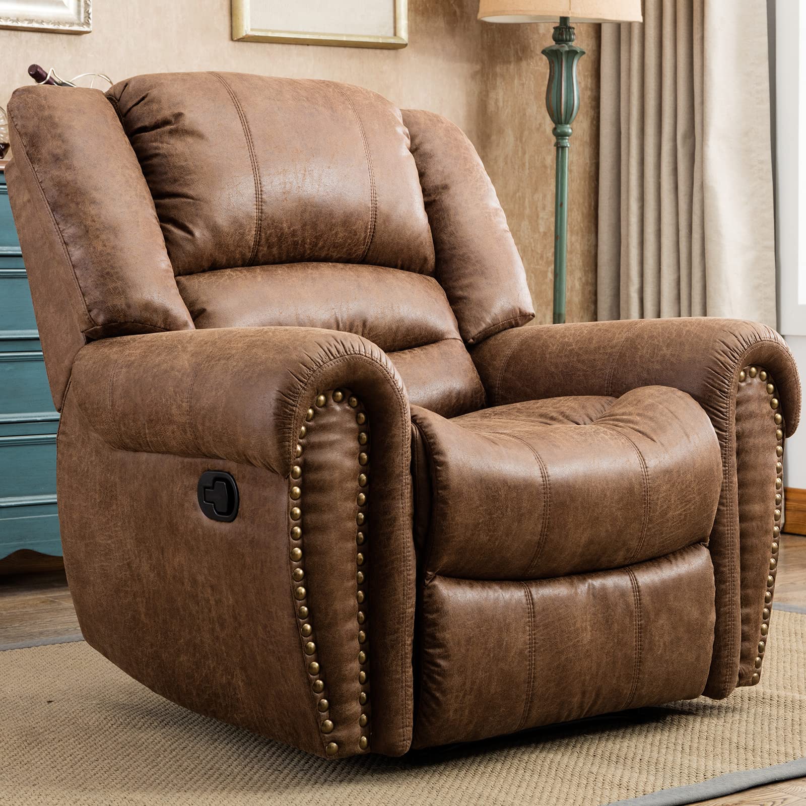 CANMOV Leather Recliner Chair, Classic and Traditional Manual Recliner Chair with Comfortable Arms and Back Single Sofa